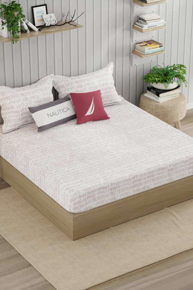 Super-Fine-100--Egyptian-Satin-Cotton-King-Bedsheet-With-2-Pillow-Covers--3Pc-Set-(Marina-Bay)-Geometric-White/Blush