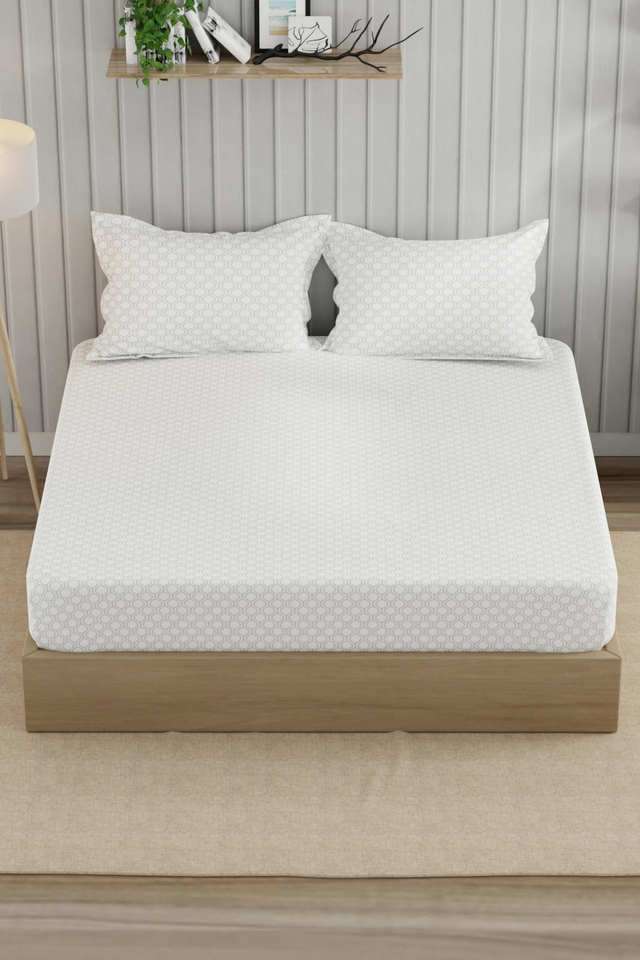 Super-Fine-100--Egyptian-Satin-Cotton-King-Bedsheet-With-2-Pillow-Covers--3Pc-Set-(Marina-Bay)-Geometric-White/Grey