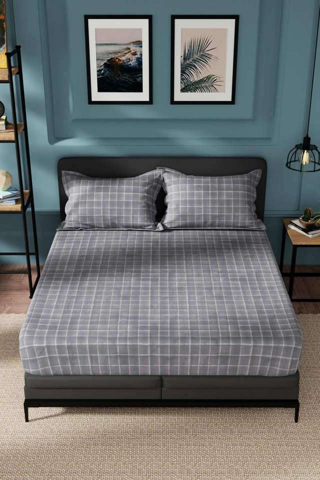 Super-Soft-100--Cotton-King-Bedsheet-And-2-Pillow-Covers--3Pc-Set-(Northsail)-Checks-Purple