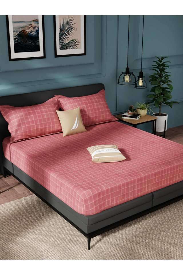 Super-Soft-100--Cotton-King-Bedsheet-And-2-Pillow-Covers--3Pc-Set-(Northsail)-Checks-Rust