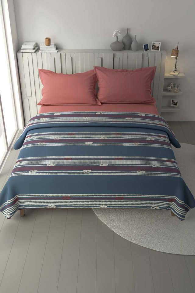 100--Premium-Cotton-Blanket-With-Pure-Cotton-Flannel-Filling--1Pc-Double-Size-(Ocean-View)-Ornamental-Blue/Red