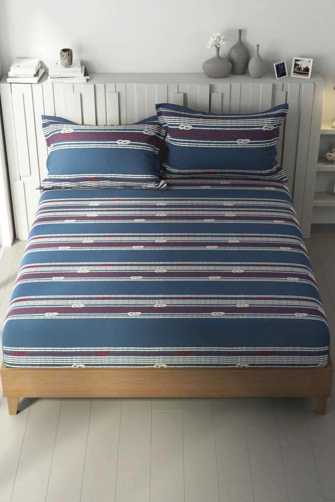 100--Premium-Cotton-King-Bedsheet-With-2-Pillow-Covers--3Pc-Set-(Ocean-View)-Ornamental-Blue/Red