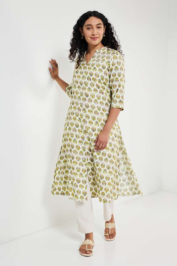 Printed-Blended-Fabric-Collared-Women-s-Casual-Wear-A-Line-Kurta