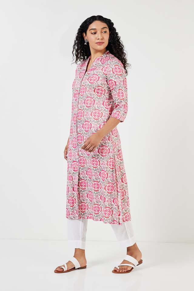 Printed-Blended-Fabric-Collared-Women-s-Casual-Wear-A-Line-Kurta