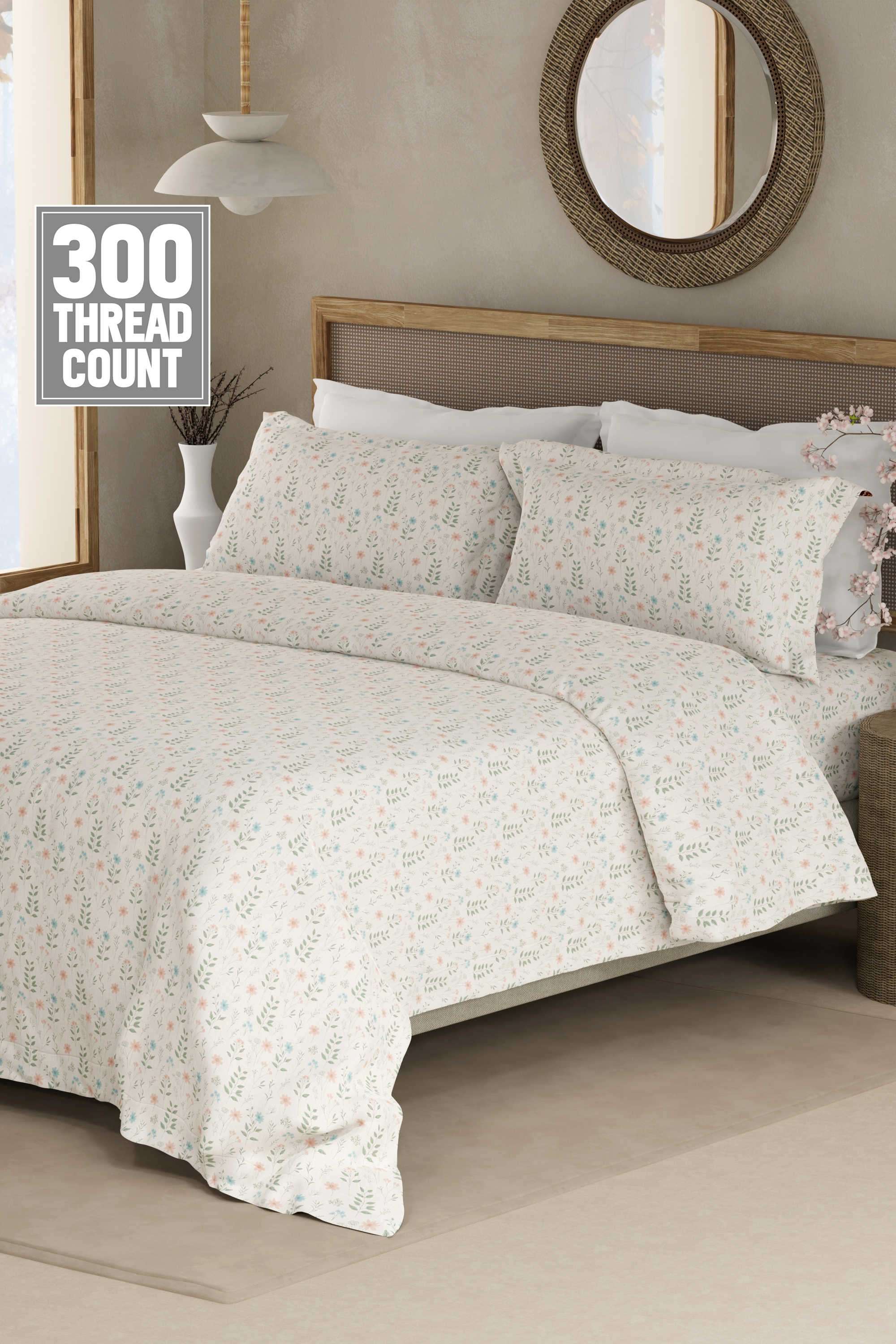 Cottage-Garden-100--Cotton-300-TC-King-Bedsheet-with-2-Pillow-Covers---Multicolor-Floral