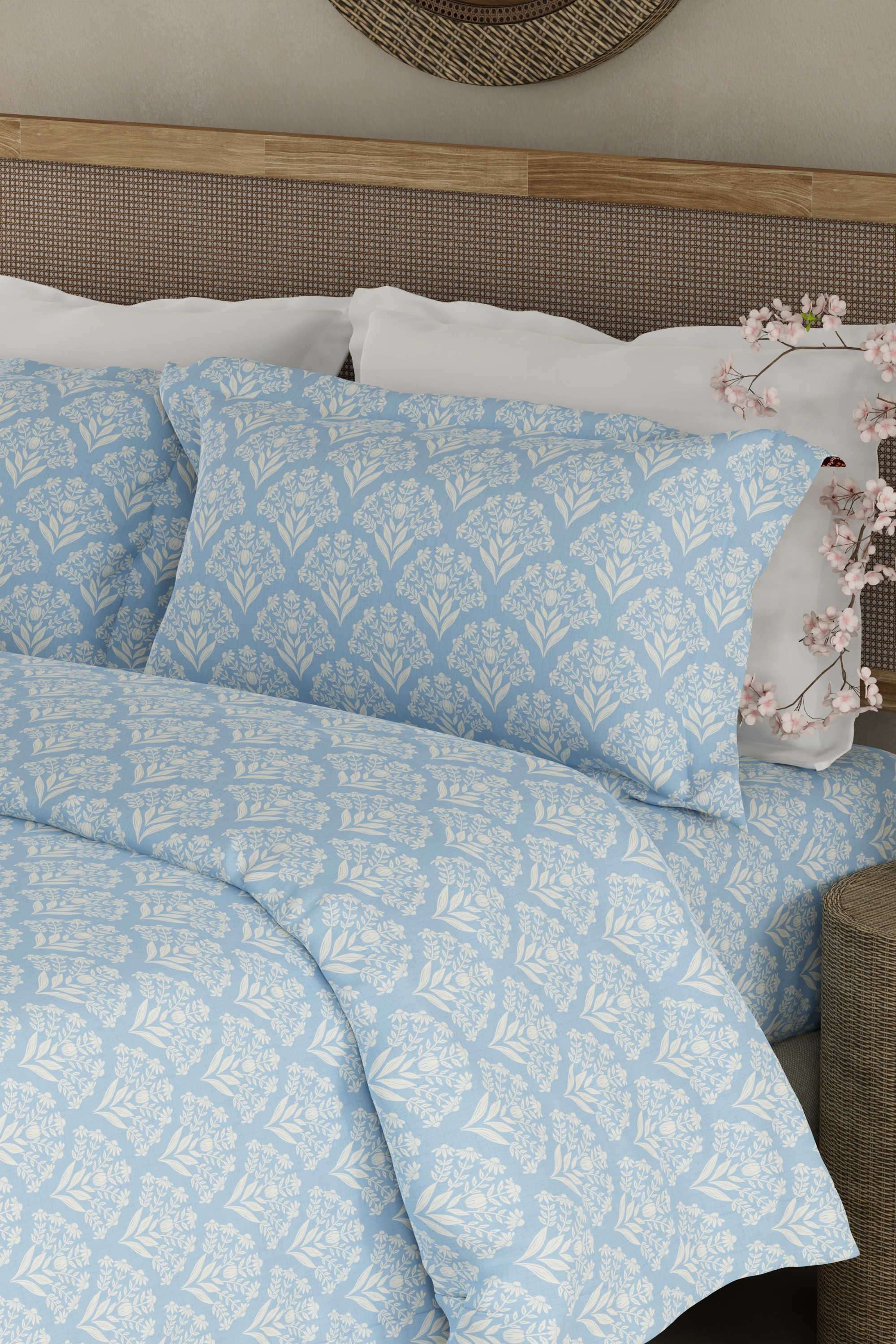 Cottage-Garden-100--Cotton-300-TC-King-Bedsheet-with-2-Pillow-Covers---Blue-&-White-Floral