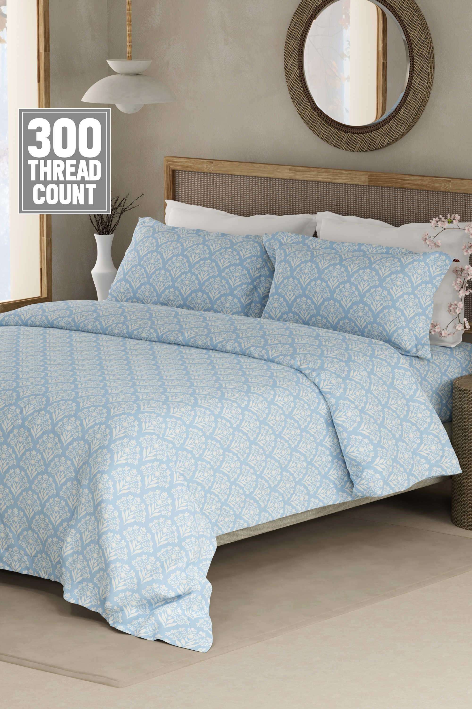 Cottage-Garden-100--Cotton-300-TC-King-Bedsheet-with-2-Pillow-Covers---Blue-&-White-Floral