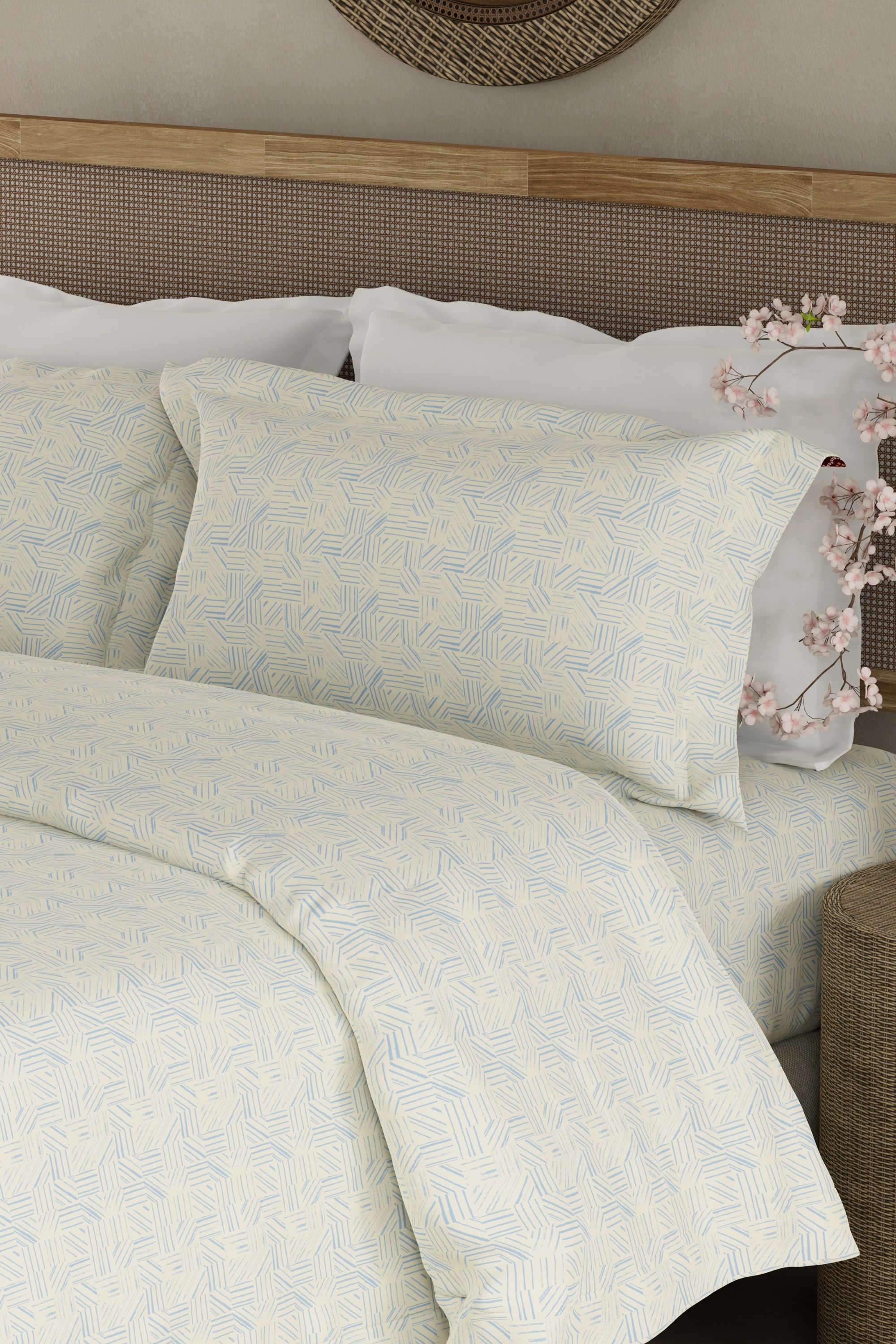 Cottage-Garden-100--Cotton-300-TC-King-Bedsheet-with-2-Pillow-Covers---Blue-&-White-Geometrical-Print