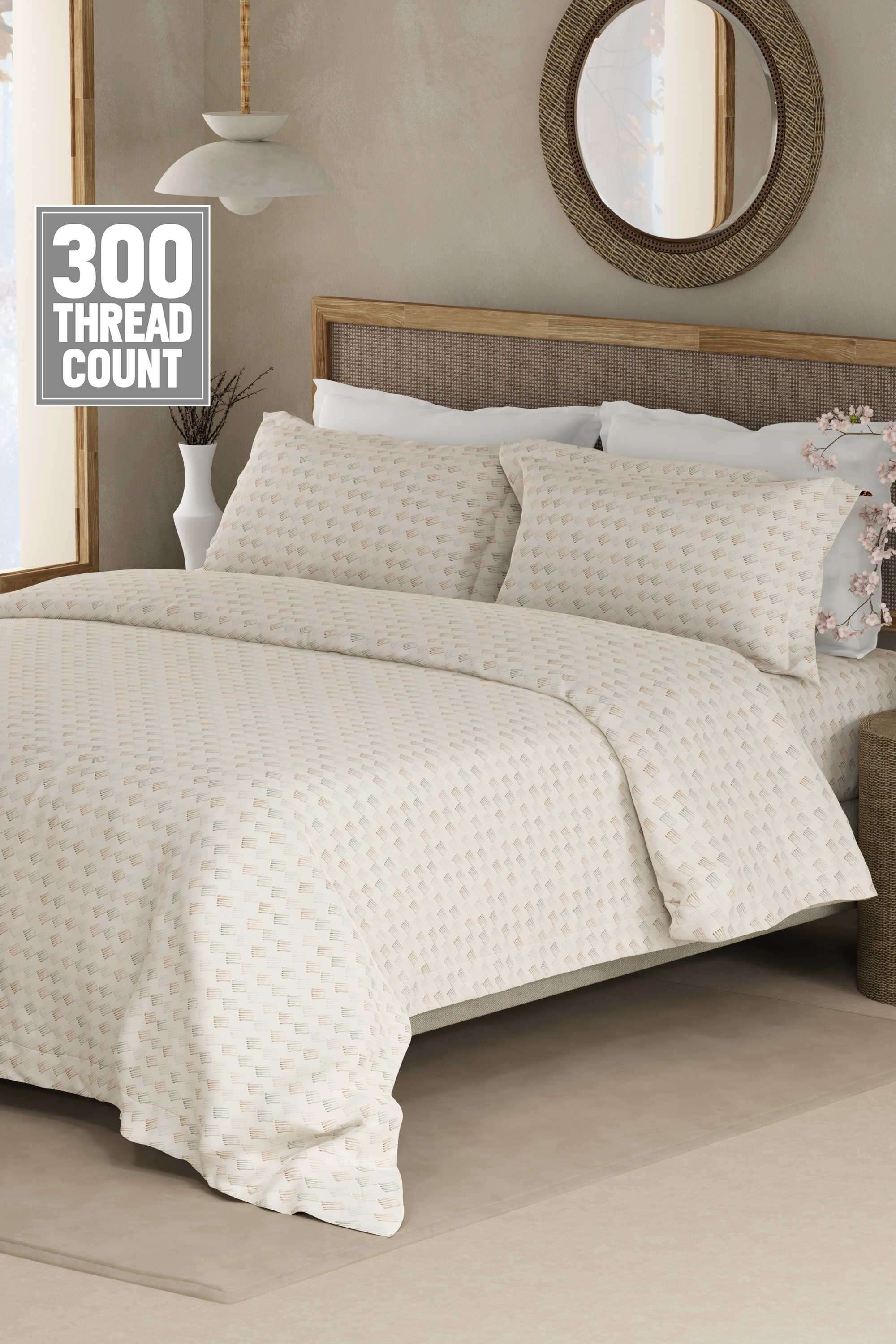 Cottage-Garden-100--Cotton-300-TC-King-Bedsheet-with-2-Pillow-Covers---White-Geometrical-Print