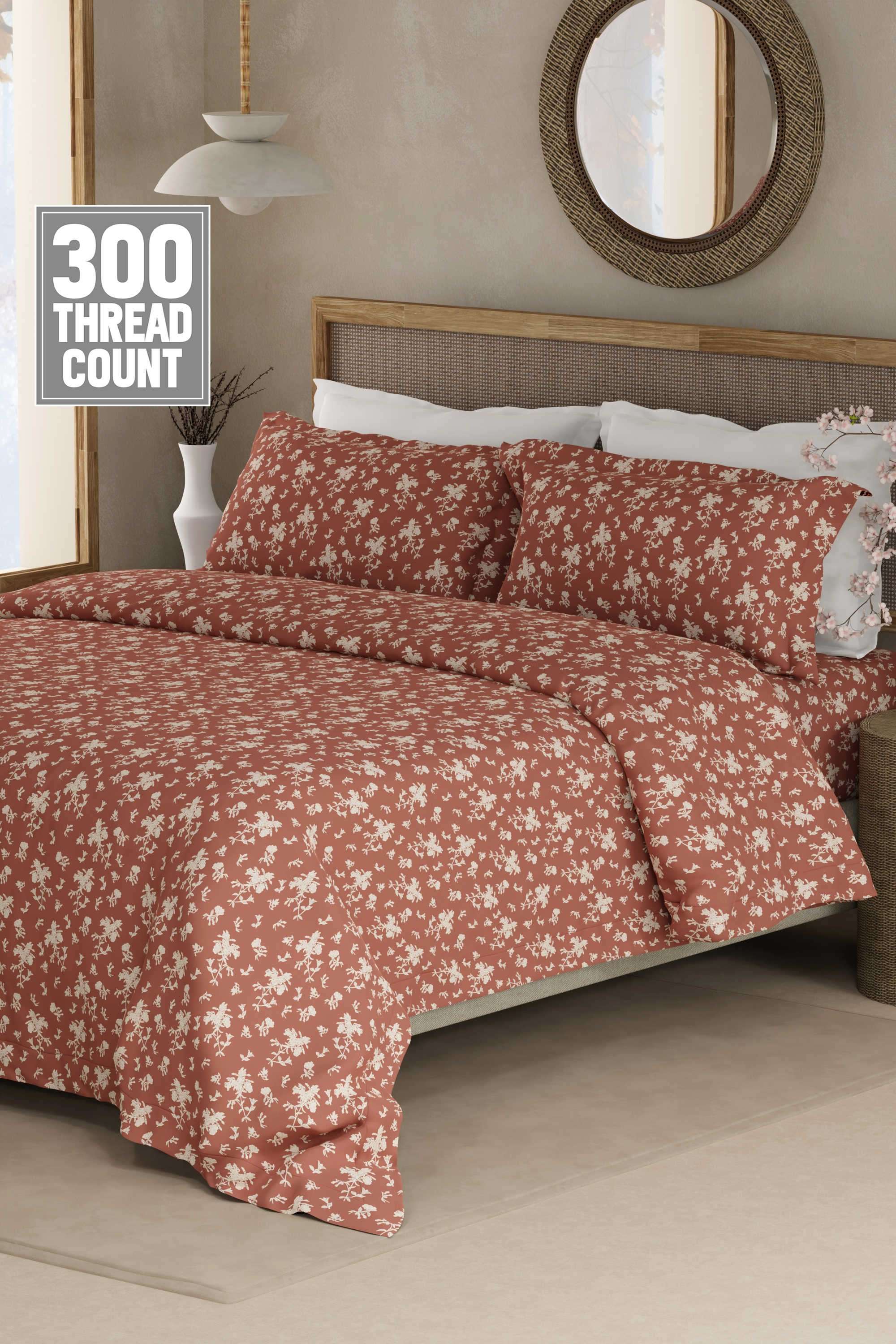 Cottage-Garden-100--Cotton-300-TC-King-Bedsheet-with-2-Pillow-Covers---Brown-&-White-Floral