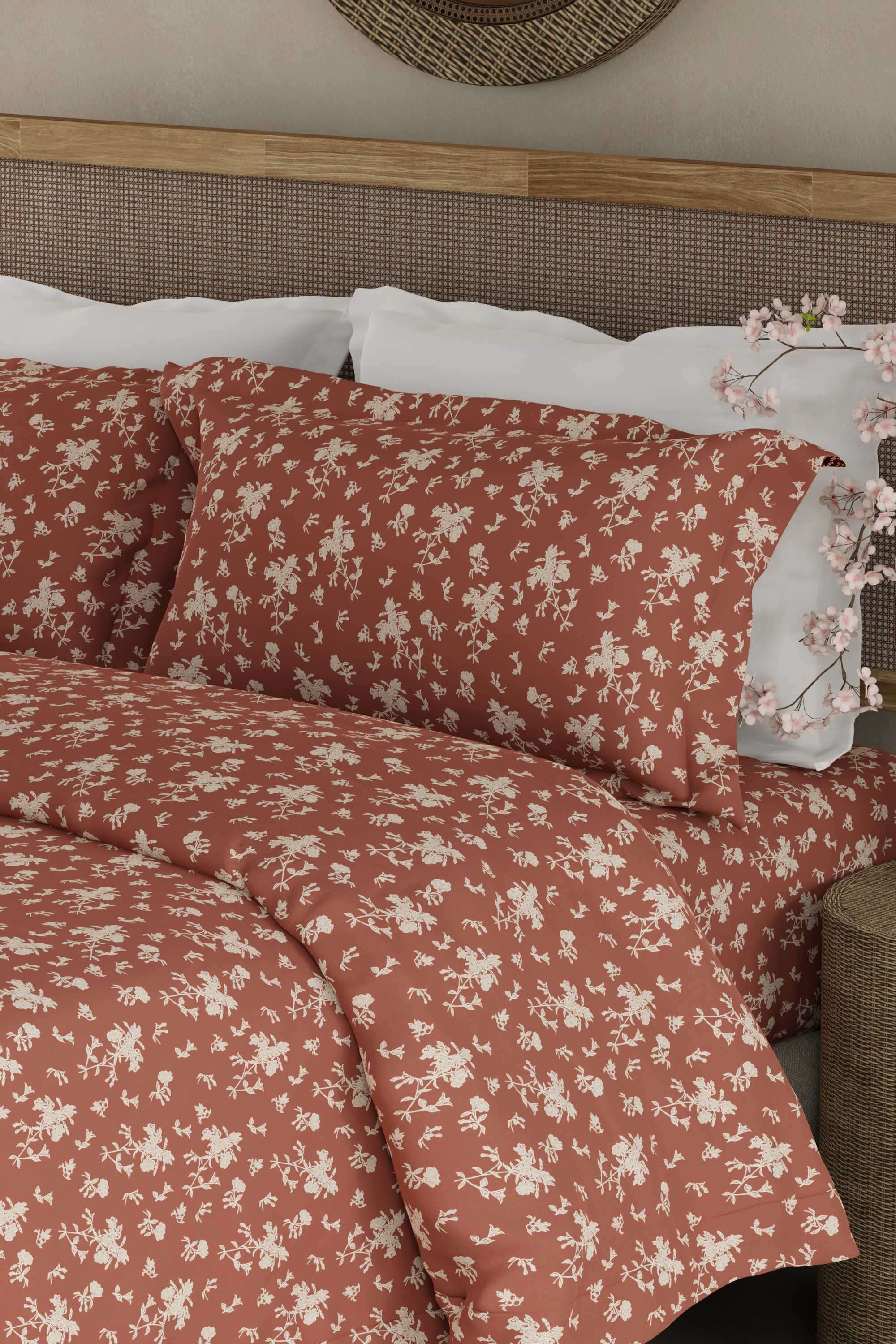 Cottage-Garden-100--Cotton-300-TC-King-Bedsheet-with-2-Pillow-Covers---Brown-&-White-Floral