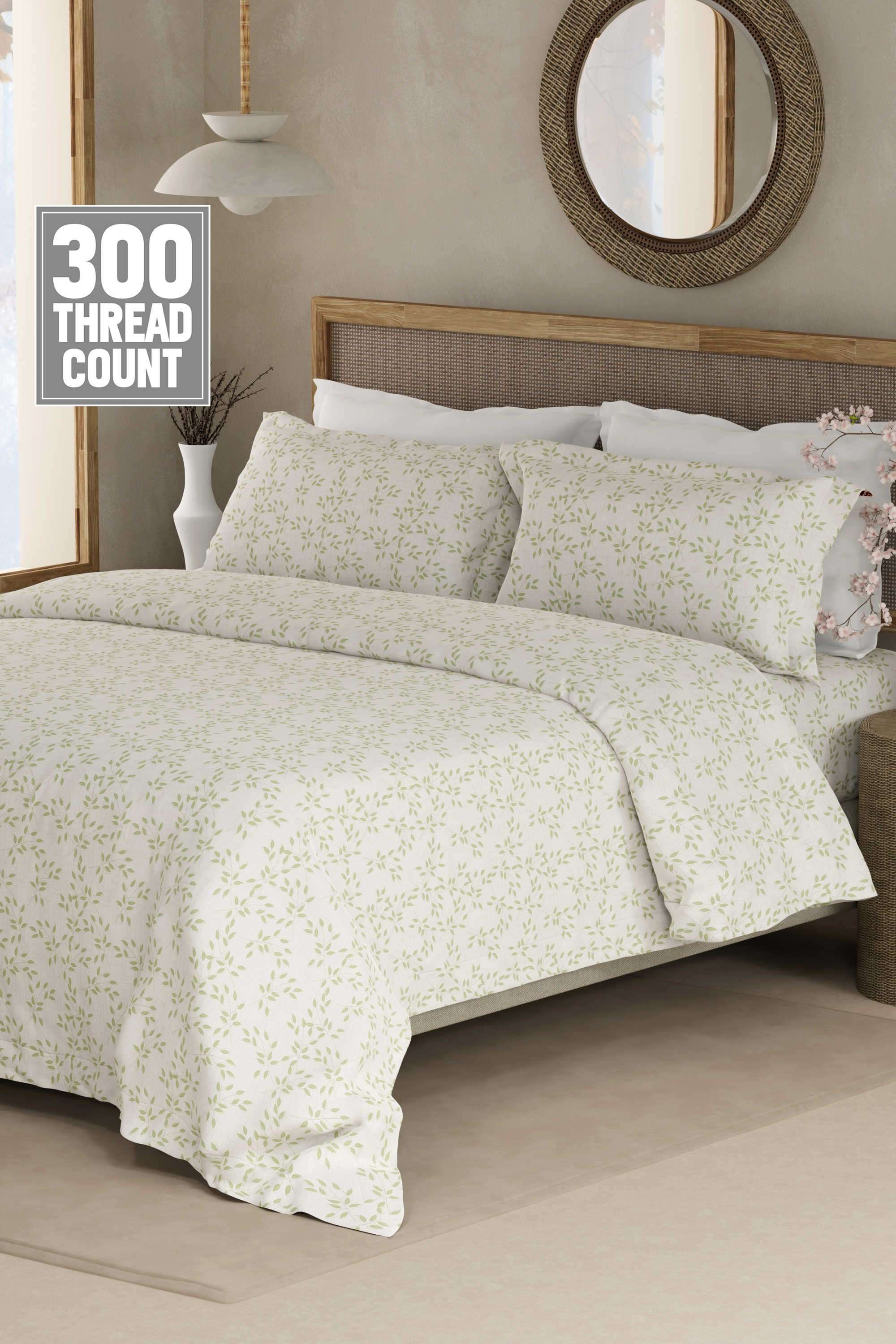 Cottage-Garden-100--Cotton-300-TC-King-Bedsheet-with-2-Pillow-Covers---Green-&-White-Floral