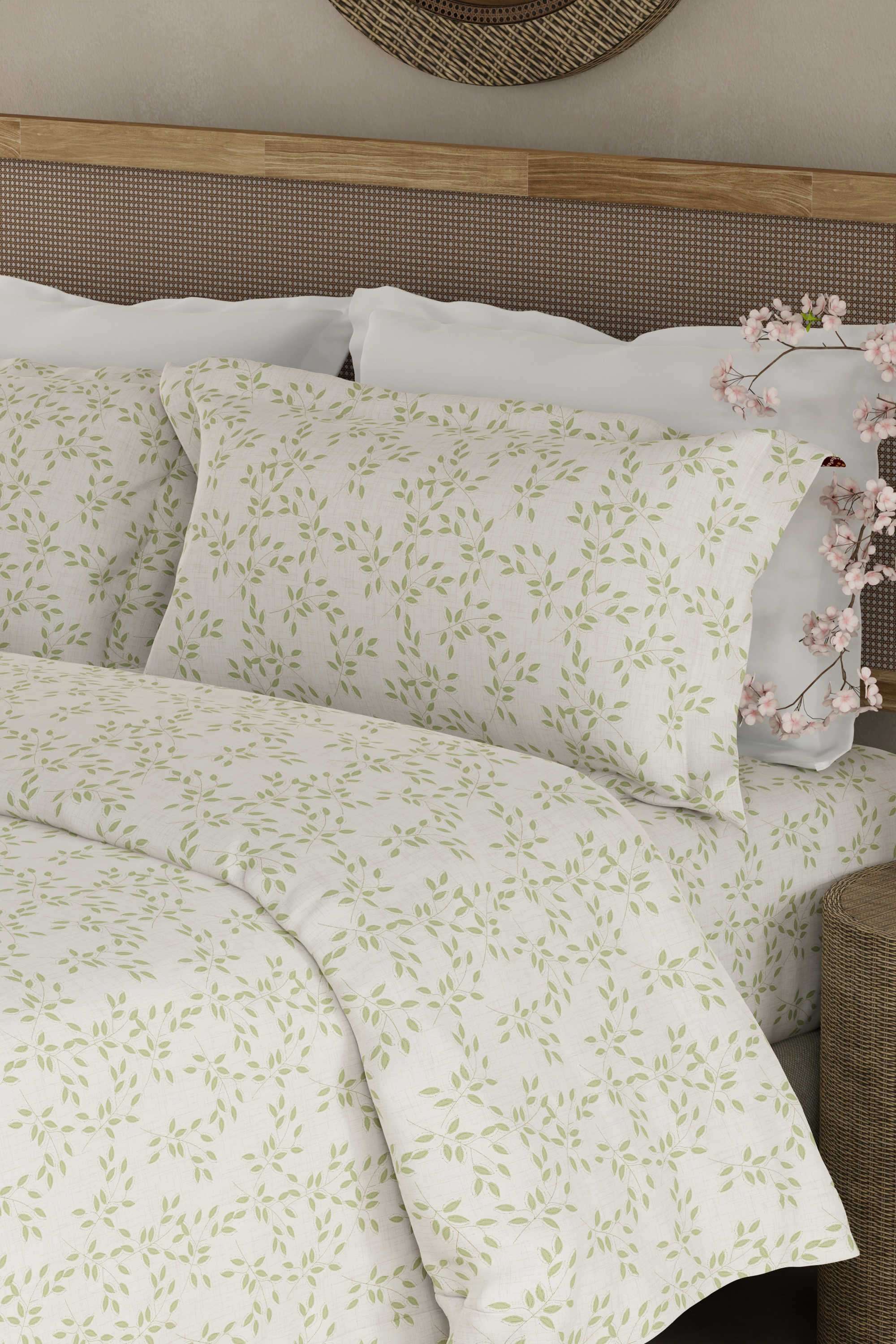 Cottage-Garden-100--Cotton-300-TC-King-Bedsheet-with-2-Pillow-Covers---Green-&-White-Floral