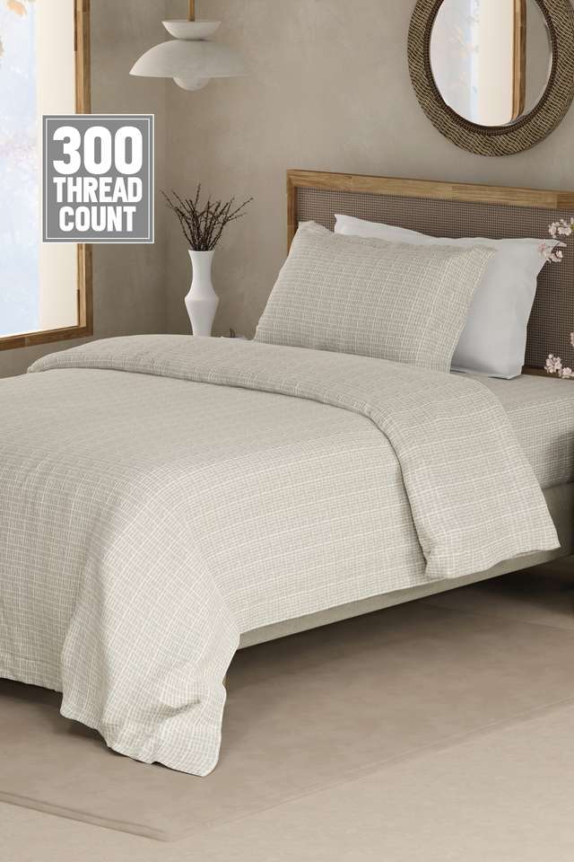 Cottage-Garden-100--Cotton-300-TC-Single-Bedsheet-with-1-Pillow-Cover---Grey-Geometrical-Print