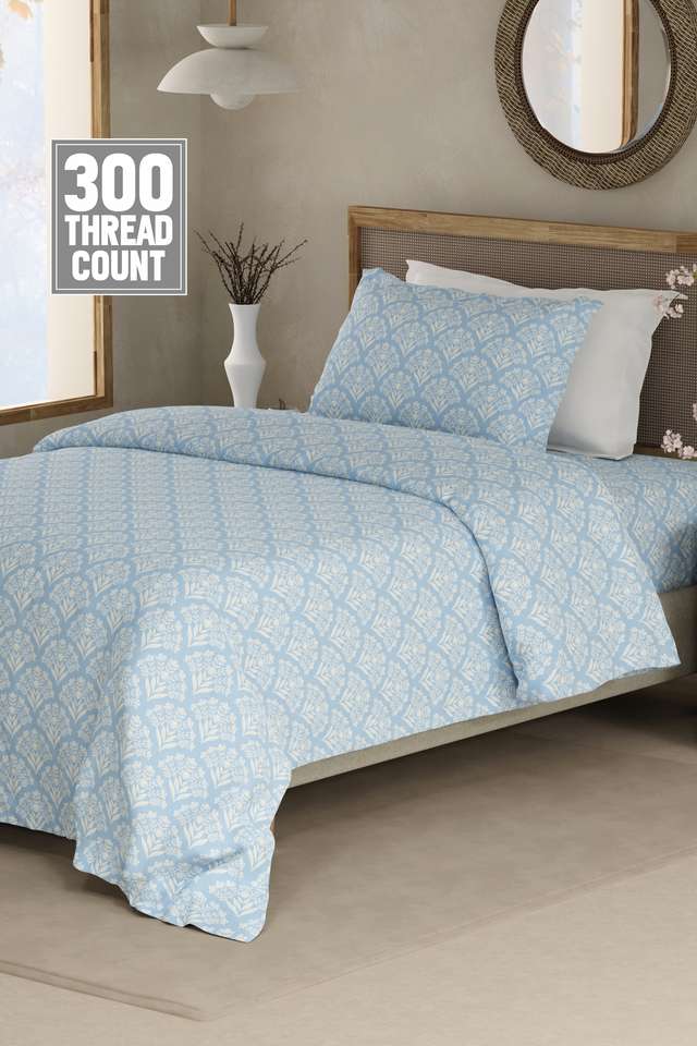 Cottage-Garden-100--Cotton-300-TC-Single-Bedsheet-with-1-Pillow-Cover---Blue-&-White-Floral
