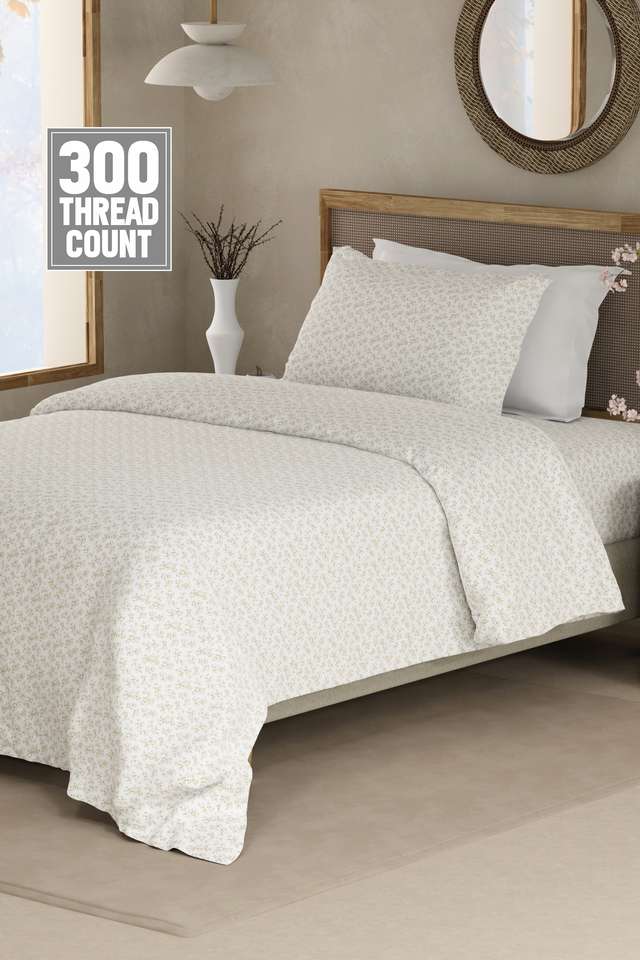 Cottage-Garden-100--Cotton-300-TC-Single-Bedsheet-with-1-Pillow-Cover---White-Floral
