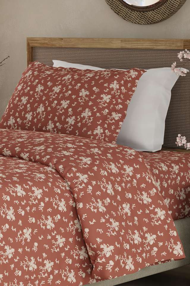 Cottage-Garden-100--Cotton-300-TC-Single-Bedsheet-with-1-Pillow-Cover---Brown-&-White-Floral