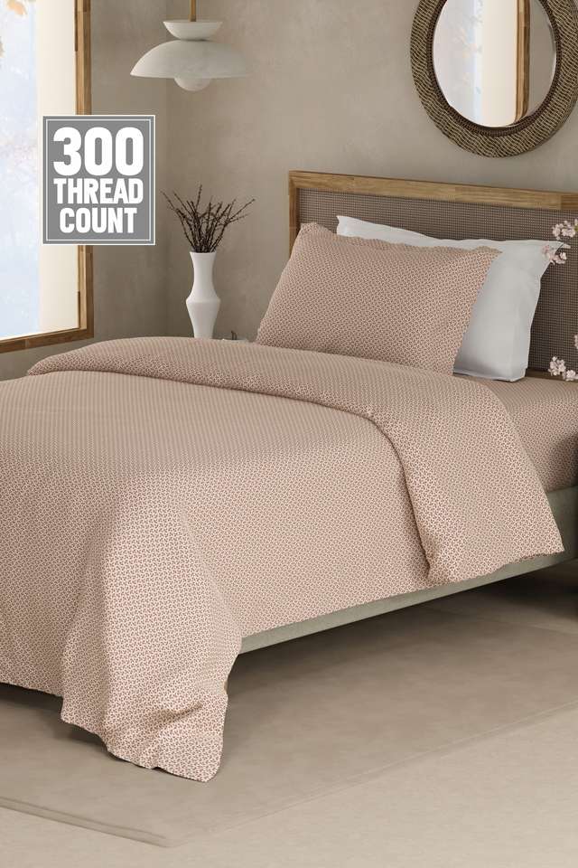 Cottage-Garden-100--Cotton-300-TC-Single-Bedsheet-with-1-Pillow-Cover---White-Geometrical-Print