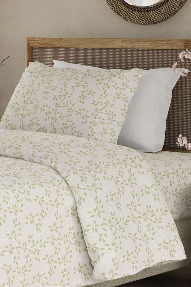 Cottage-Garden-100--Cotton-300-TC-Single-Bedsheet-with-1-Pillow-Cover---Green-&-White-Floral