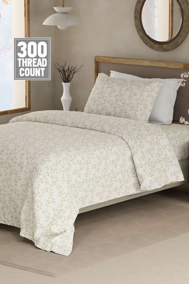 Cottage-Garden-100--Cotton-300-TC-Single-Bedsheet-with-1-Pillow-Cover---Green-&-White-Floral