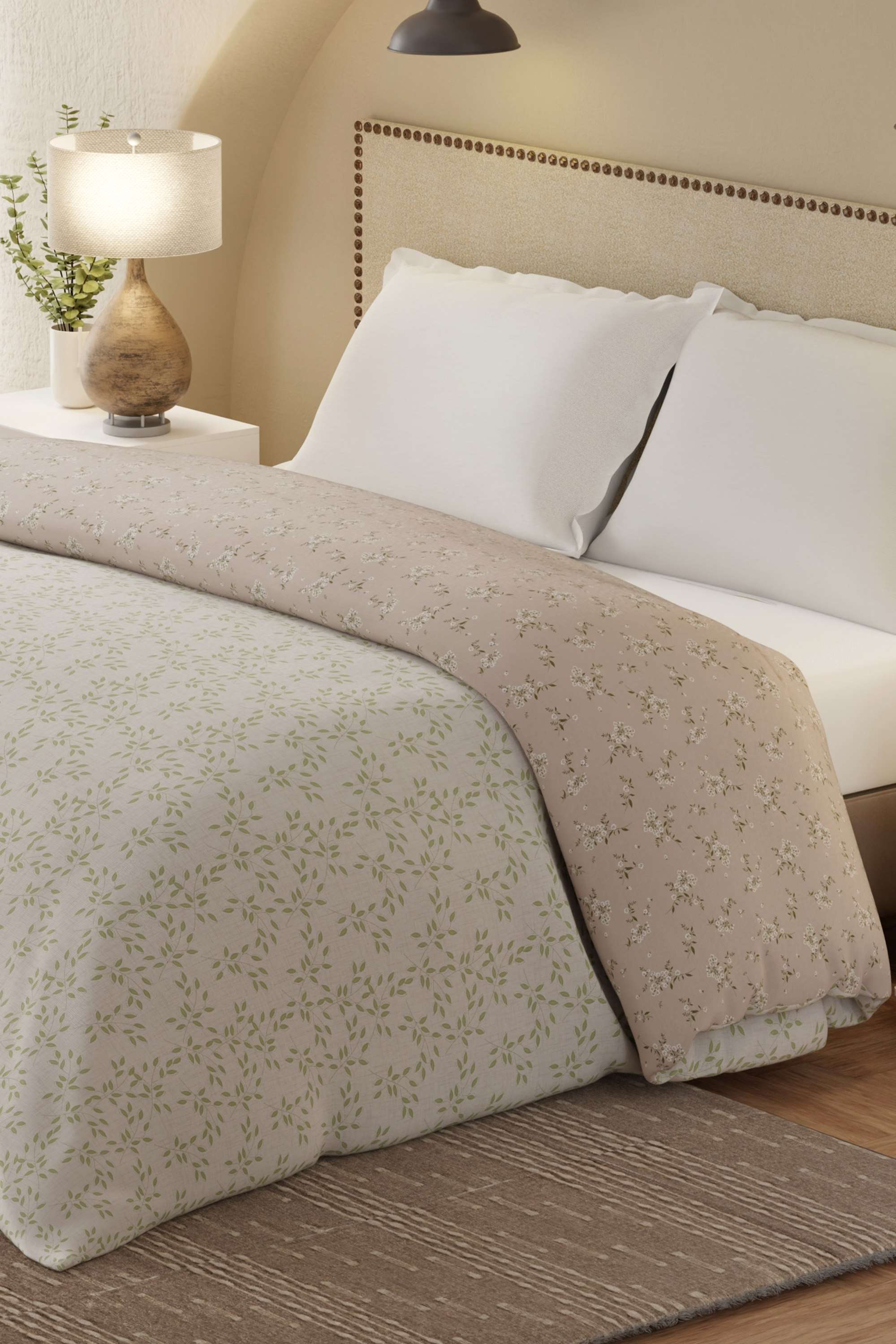 Cottage-Garden-100--Cotton-300-TC-Green-&-Beige-Printed-Double-Reversible-Comforter