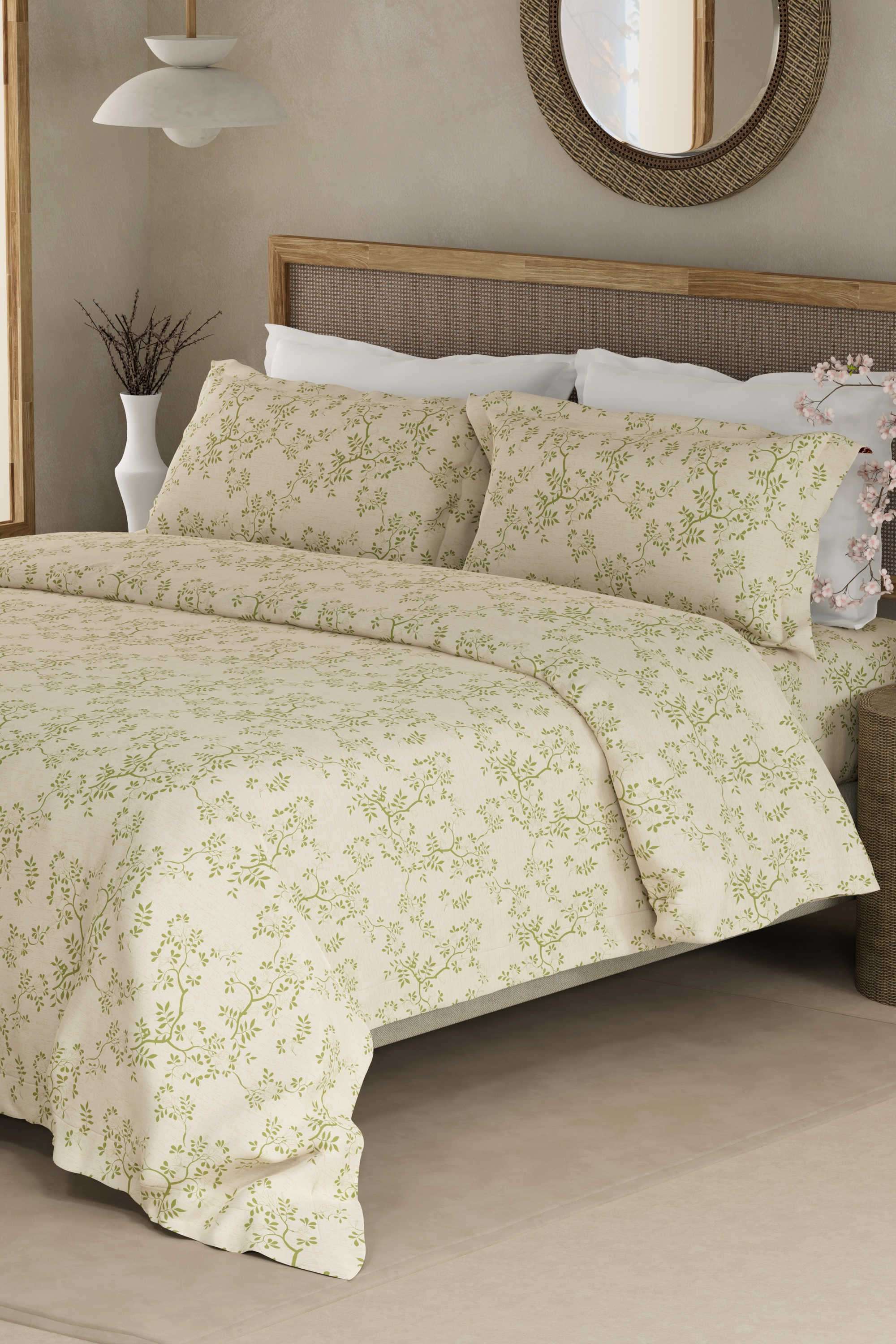 Cottage-Garden-100--Organic-Cotton-300-TC-King-Bedsheet-with-2-Pillow-Covers---Beige-&-Green-Floral