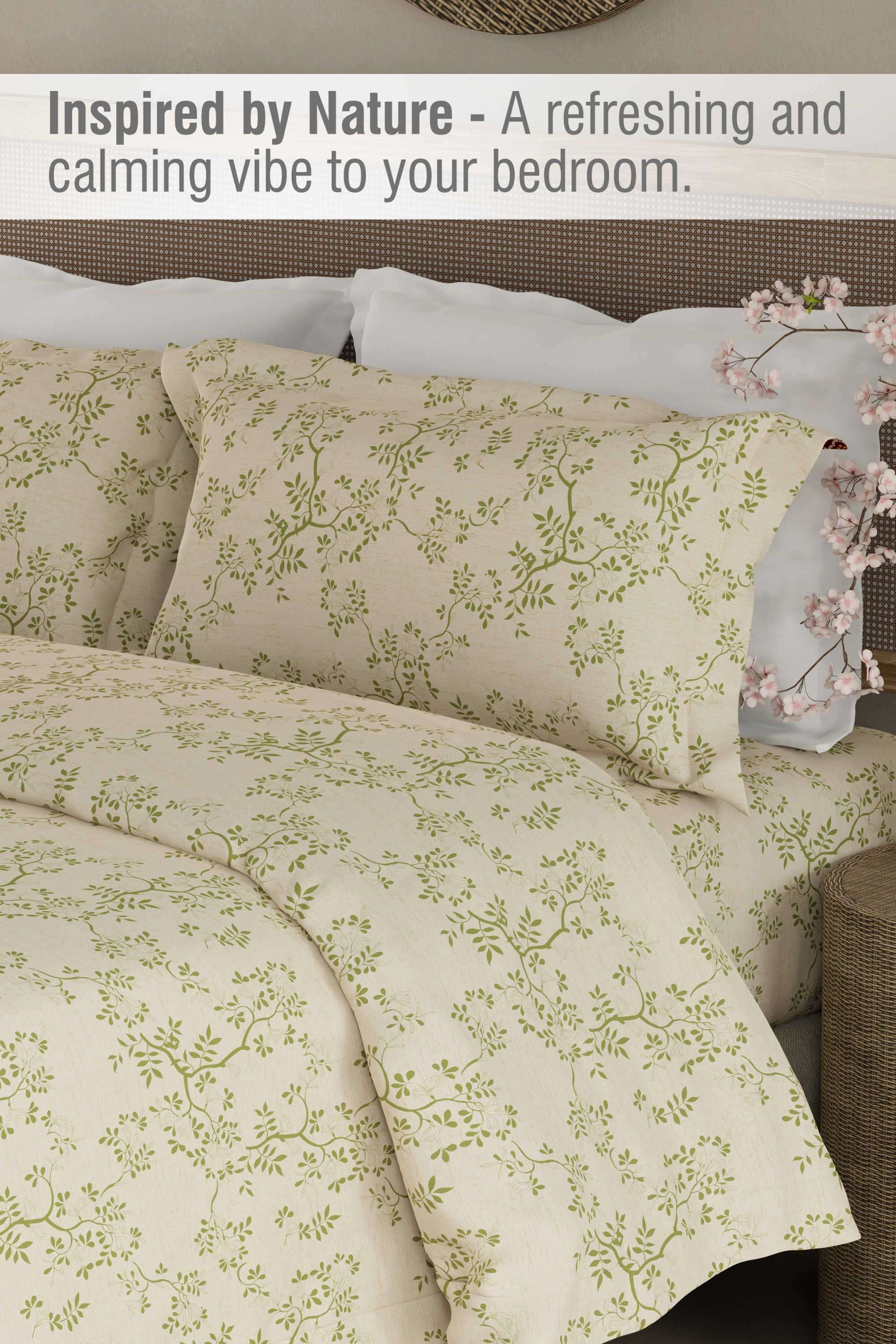 Cottage-Garden-100--Organic-Cotton-300-TC-King-Bedsheet-with-2-Pillow-Covers---Beige-&-Green-Floral