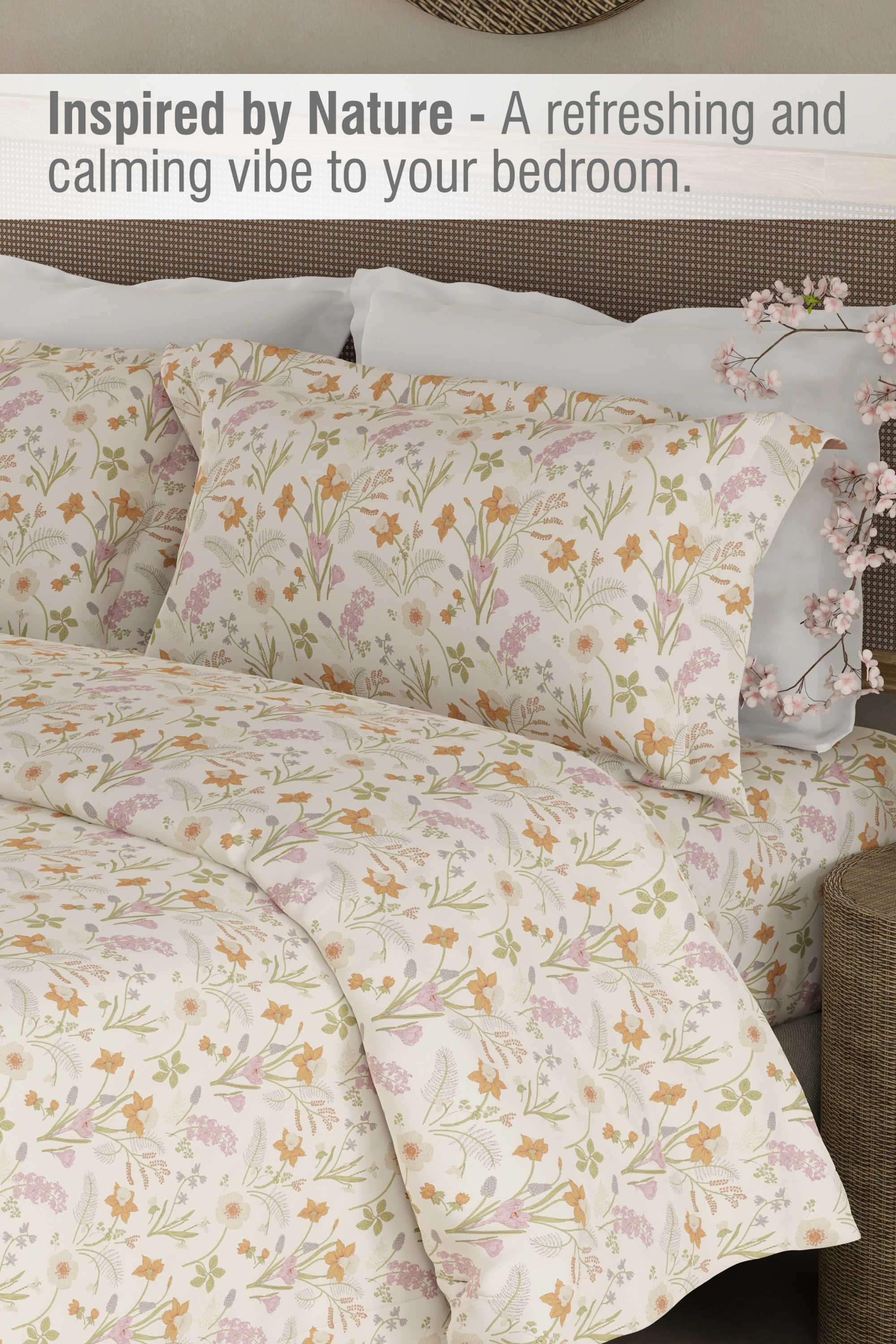 Cottage-Garden-100--Organic-Cotton-300-TC-King-Bedsheet-with-2-Pillow-Covers---Multicolor-Floral