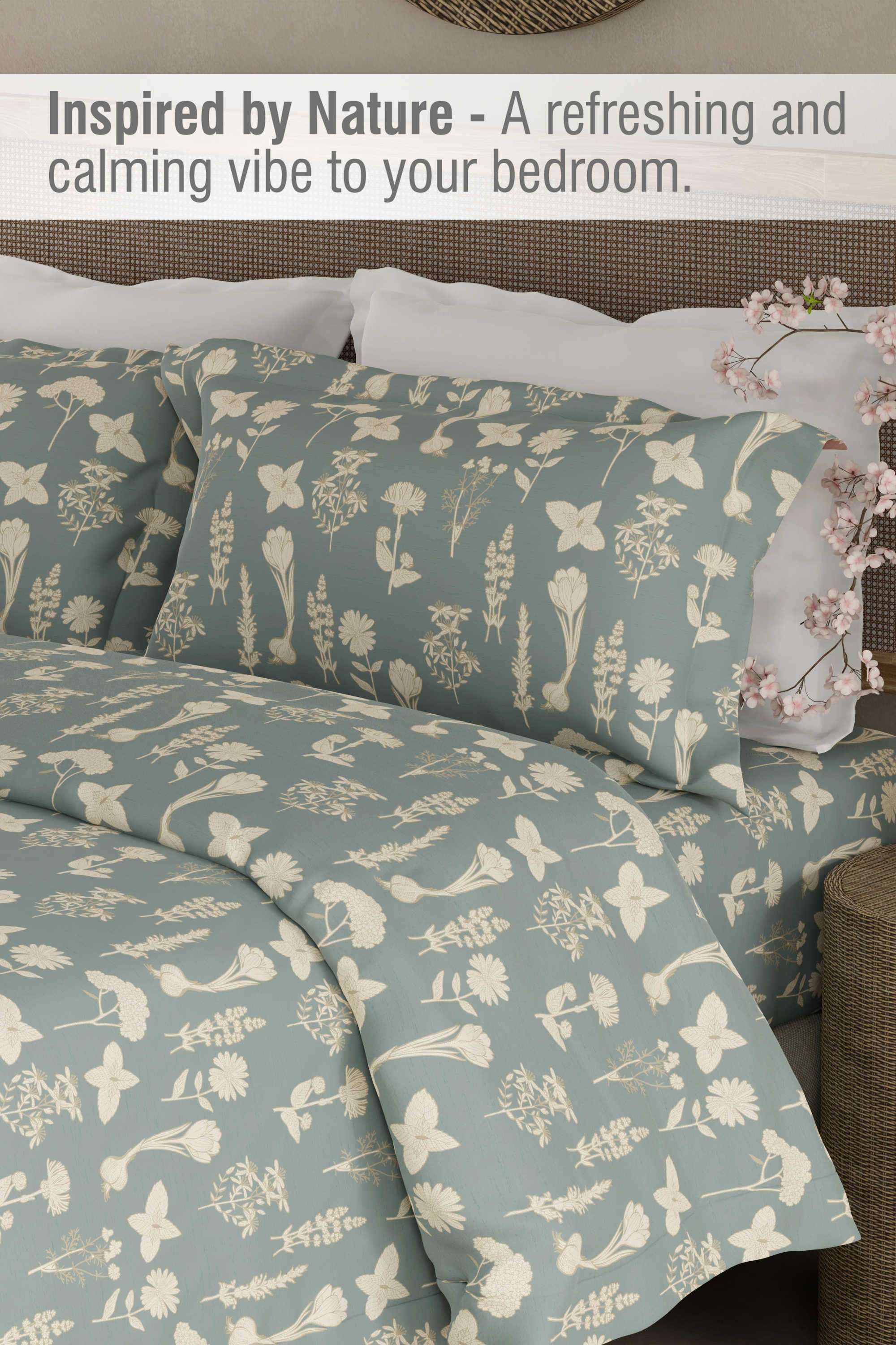 Cottage-Garden-100--Organic-Cotton-300-TC-King-Bedsheet-with-2-Pillow-Covers---Blue-&-Cream-Floral