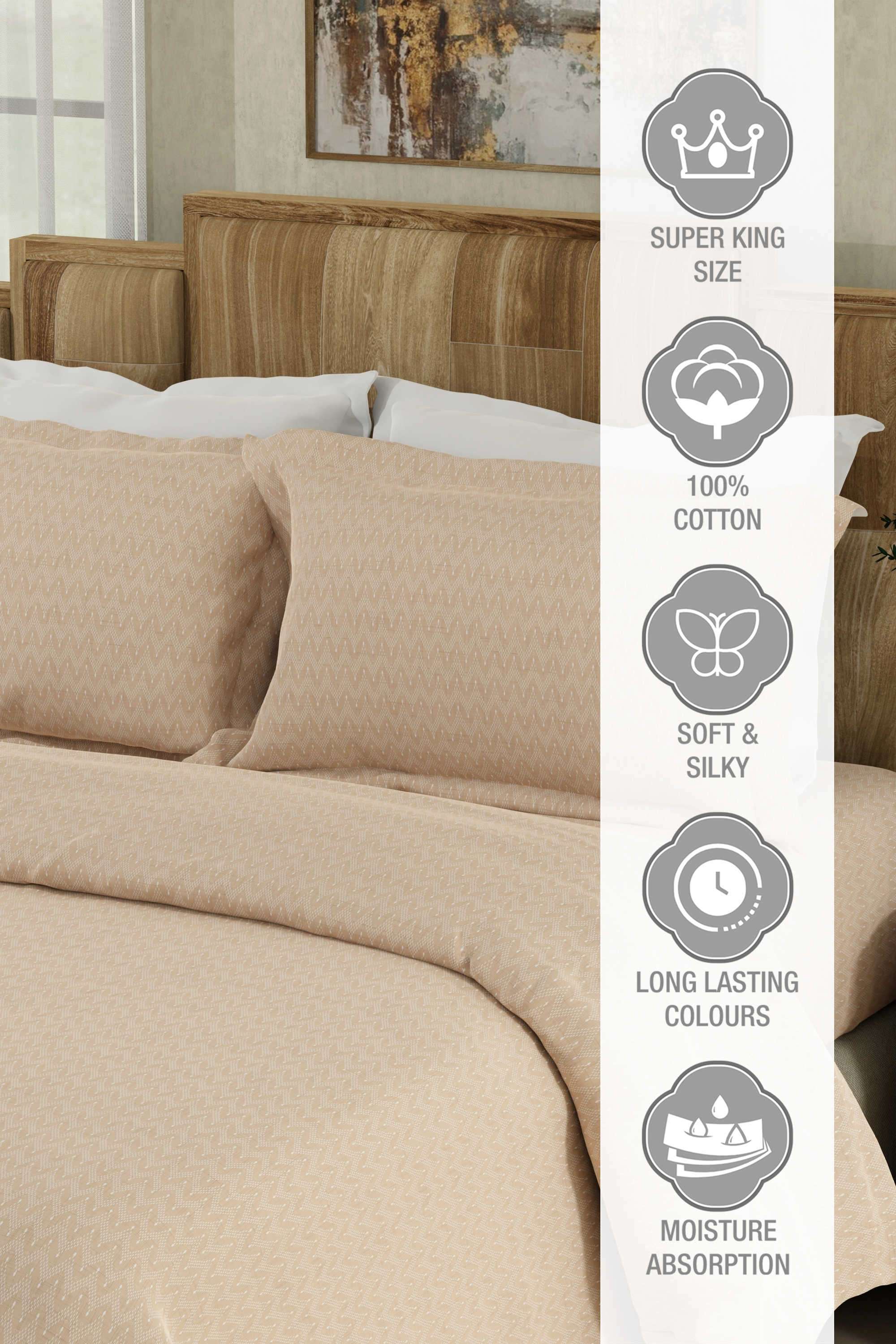 Gardenia-Augusta-100--Cotton-300-TC-Beige-Digitally-Printed-Super-King-Bedsheet-with-2-Pillow-Covers