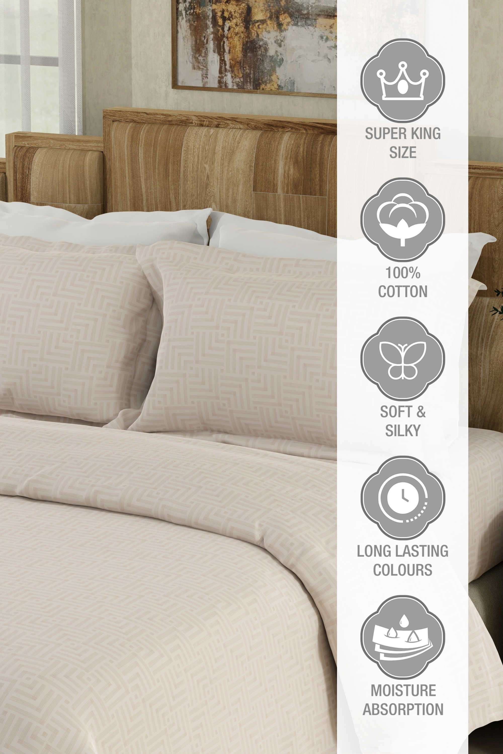 Gardenia-Augusta-100--Cotton-300-TC-Beige-&-White-Digitally-Printed-Super-King-Bedsheet-with-2-Pillow-Covers