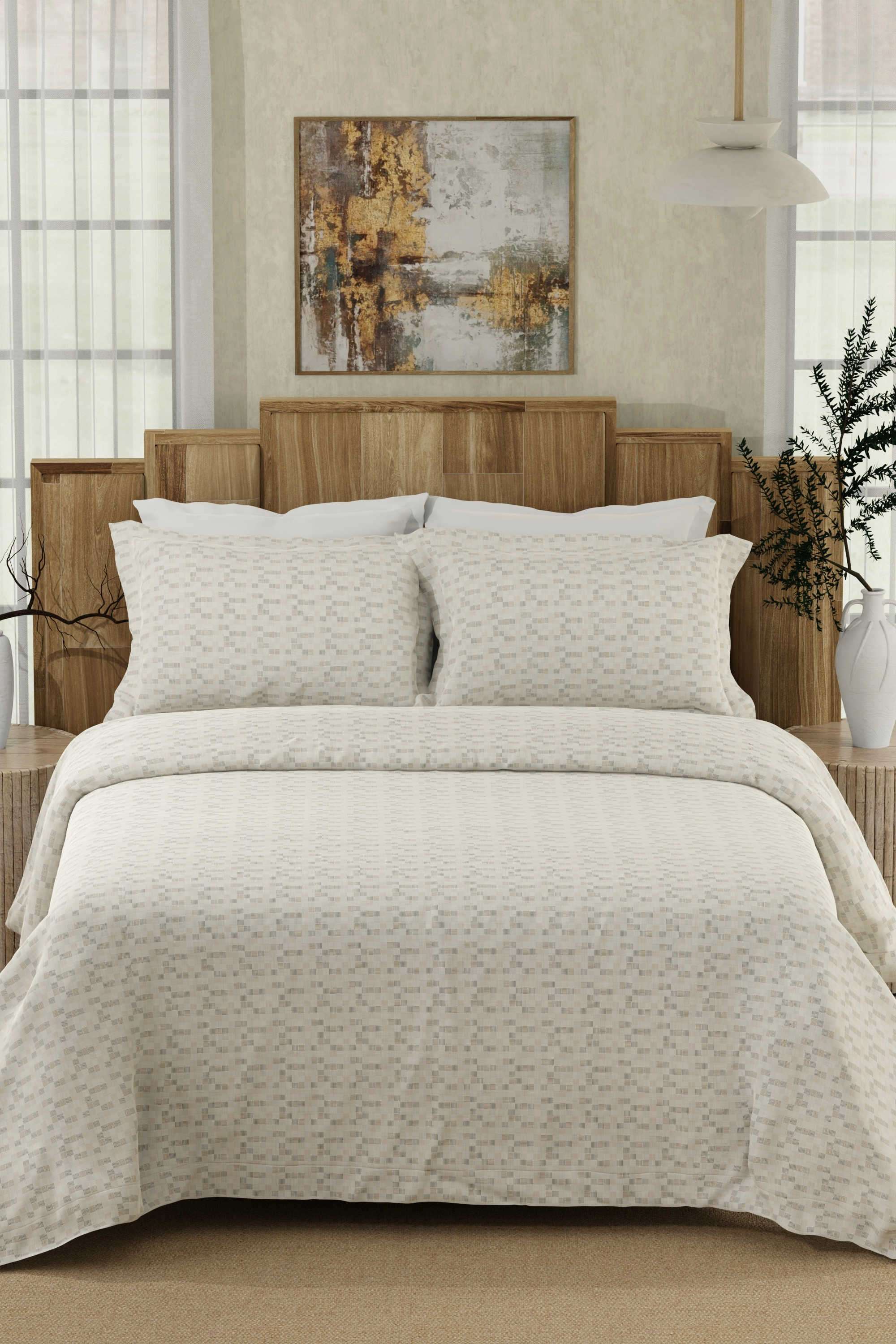 Gardenia-Augusta-100--Cotton-300-TC-White-&-Beige-Digitally-Printed-Super-King-Bedsheet-with-2-Pillow-Covers