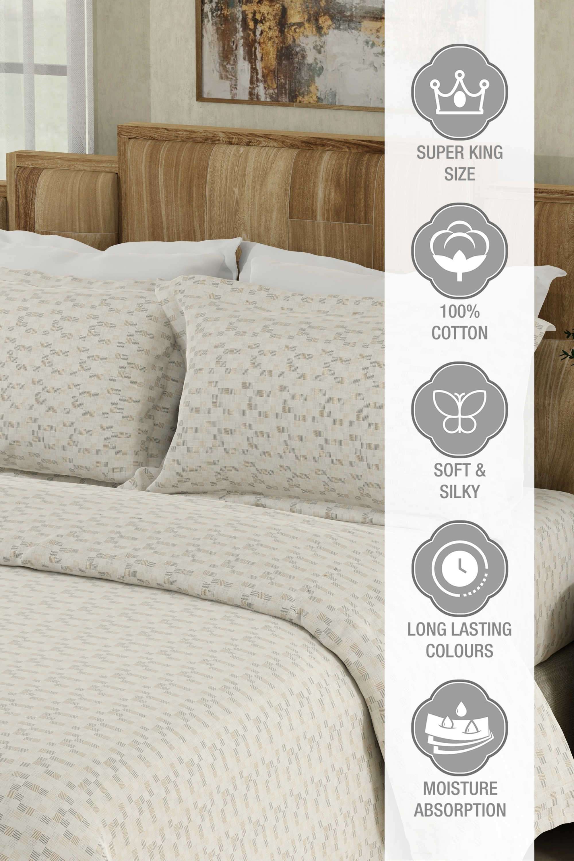 Gardenia-Augusta-100--Cotton-300-TC-White-&-Beige-Digitally-Printed-Super-King-Bedsheet-with-2-Pillow-Covers