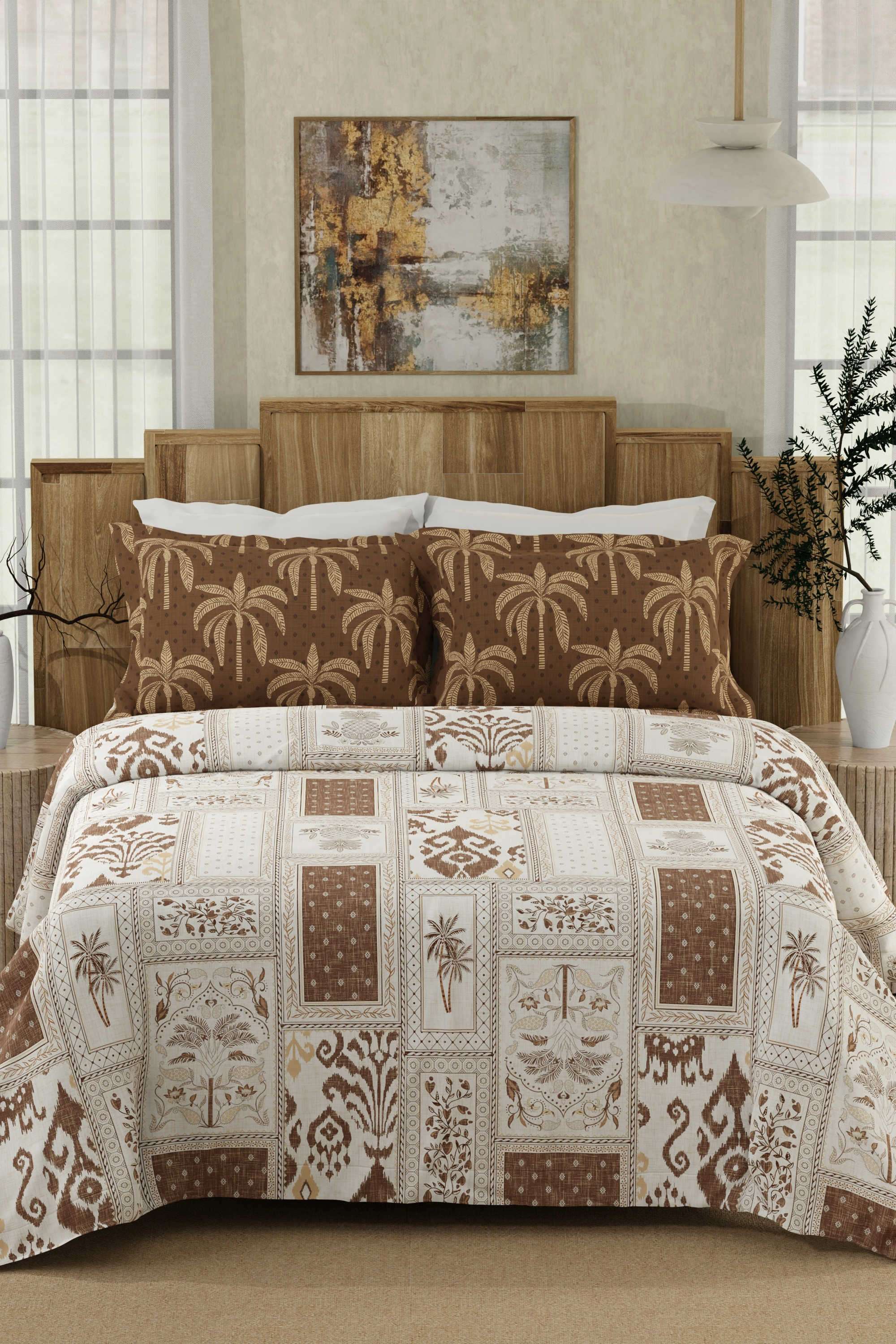 Gardenia-Augusta-100--Cotton-300-TC-Brown-&-White-Digitally-Printed-King-Bedsheet-with-2-Pillow-Covers