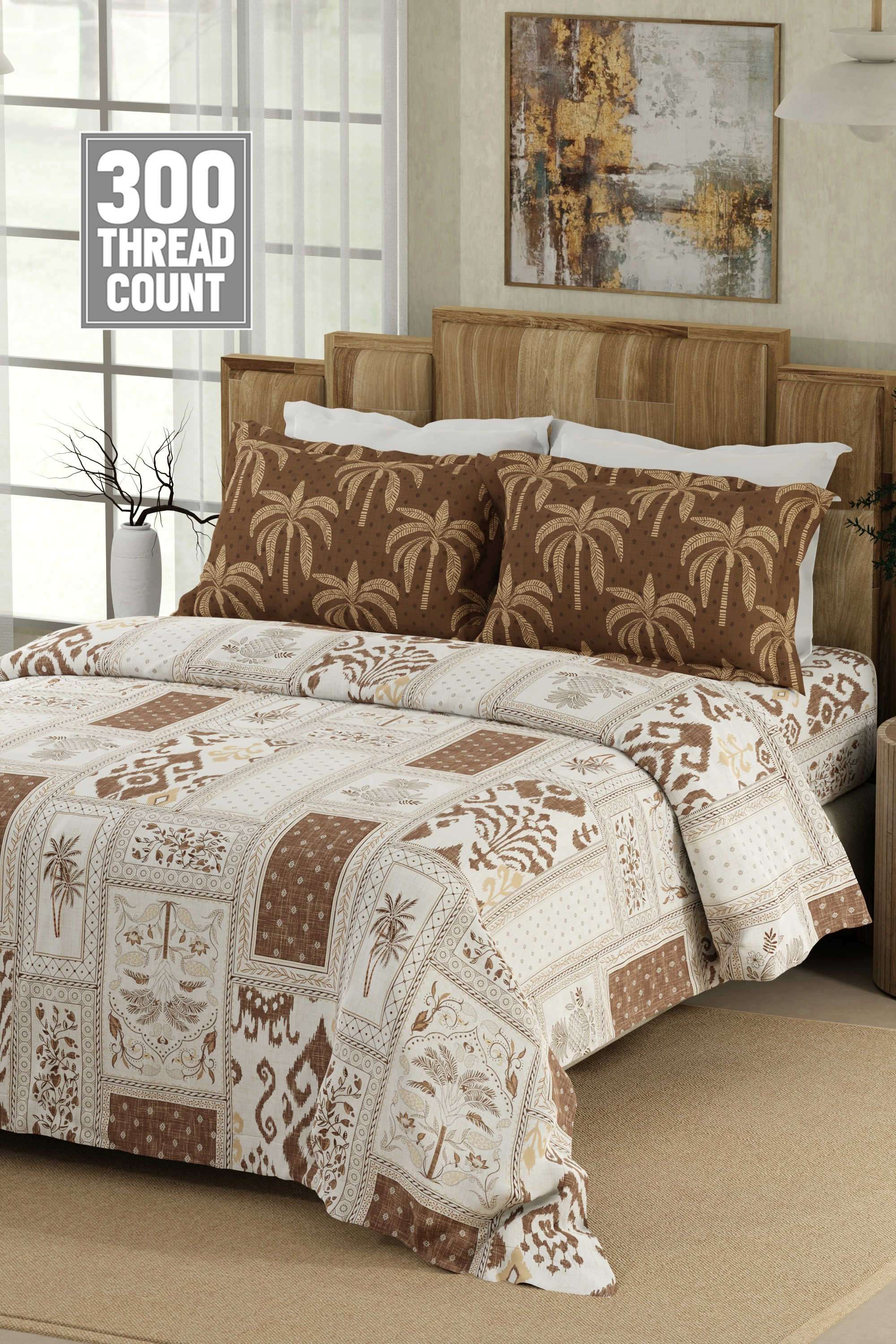Gardenia-Augusta-100--Cotton-300-TC-Brown-&-White-Digitally-Printed-King-Bedsheet-with-2-Pillow-Covers