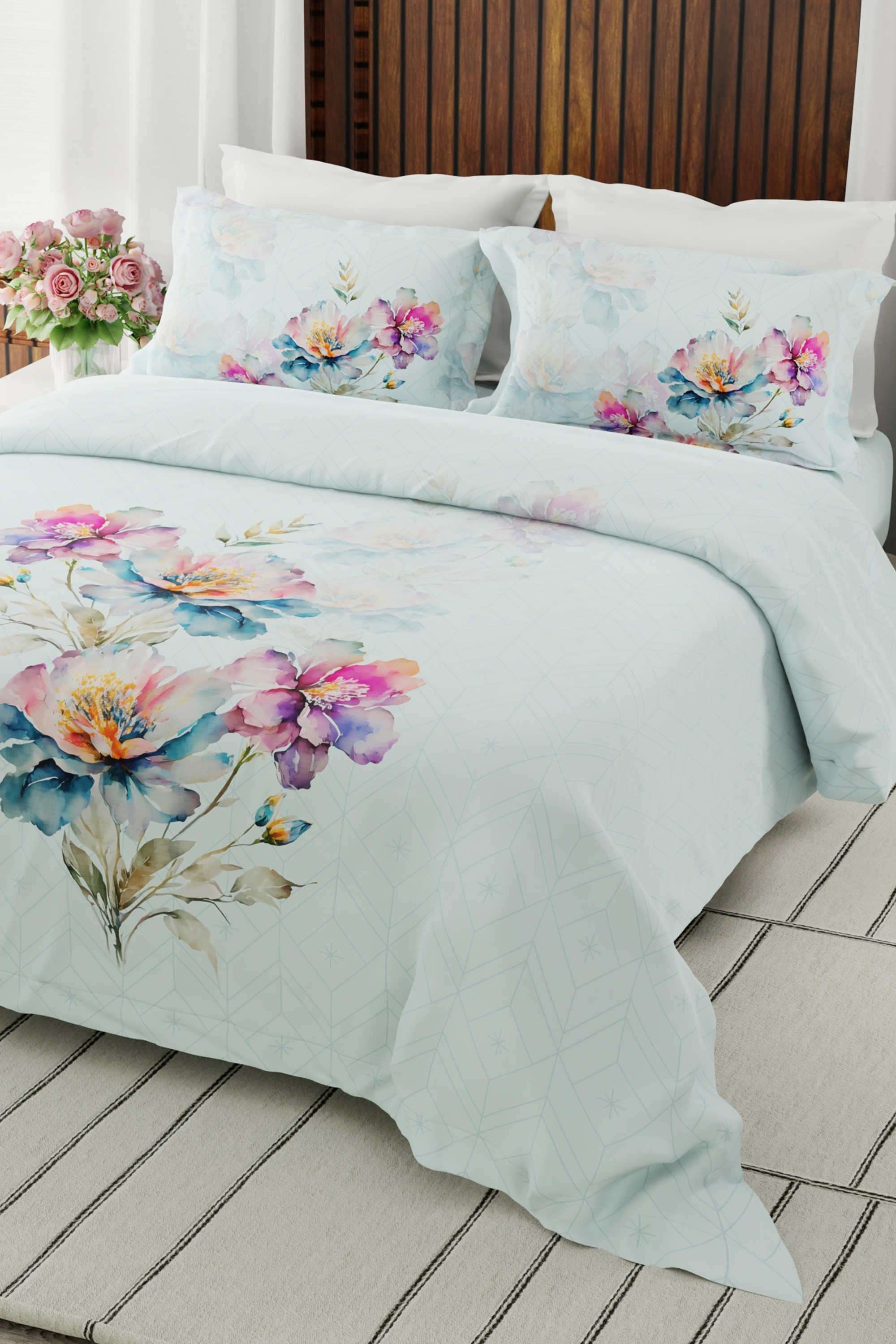 Gardenia-Augusta-100--Cotton-300-TC-Blue-Floral-Super-King-Bedsheet-with-2-Pillow-Covers