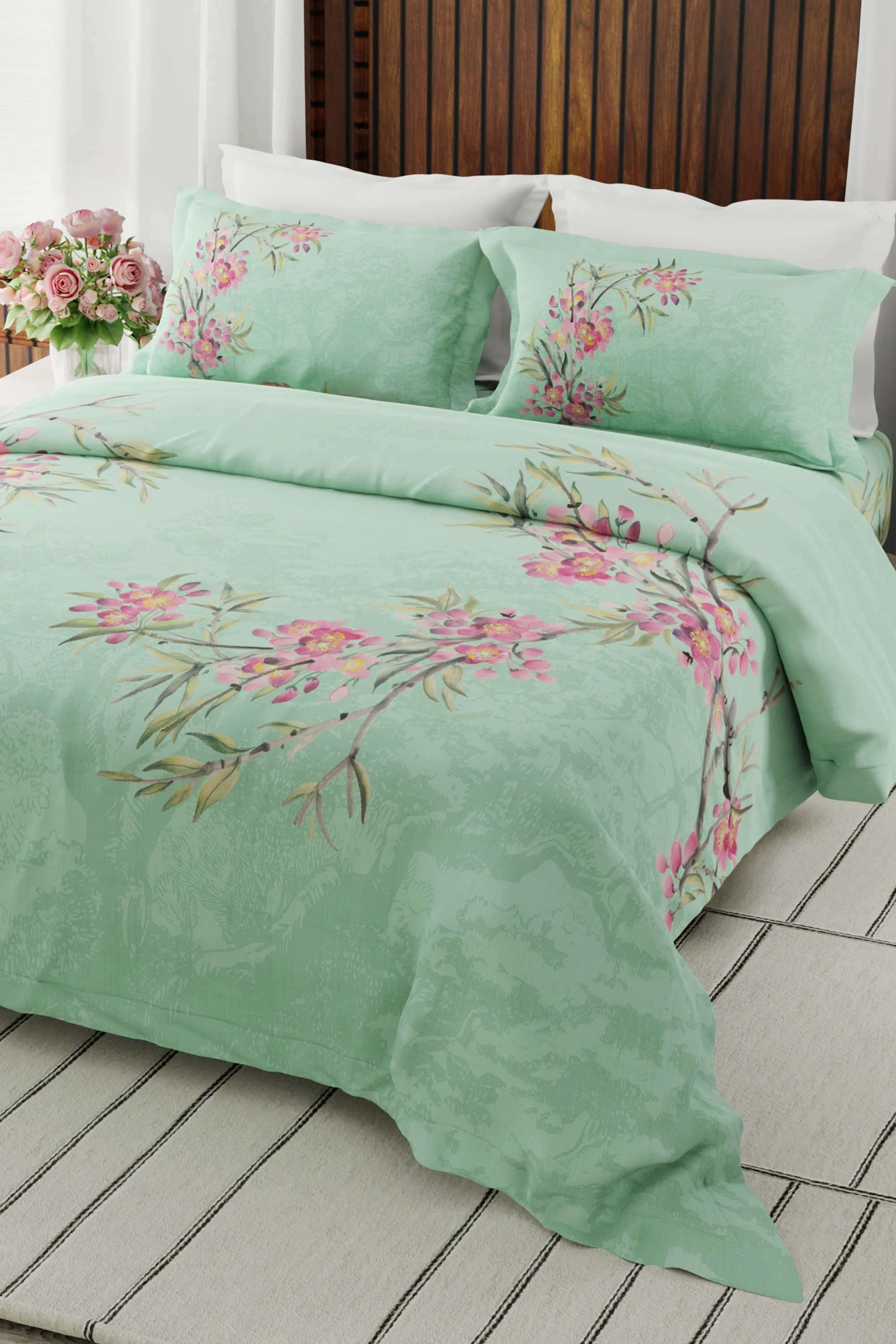 Gardenia-Augusta-100--Cotton-300-TC-Green-Floral-Super-King-Bedsheet-with-2-Pillow-Covers