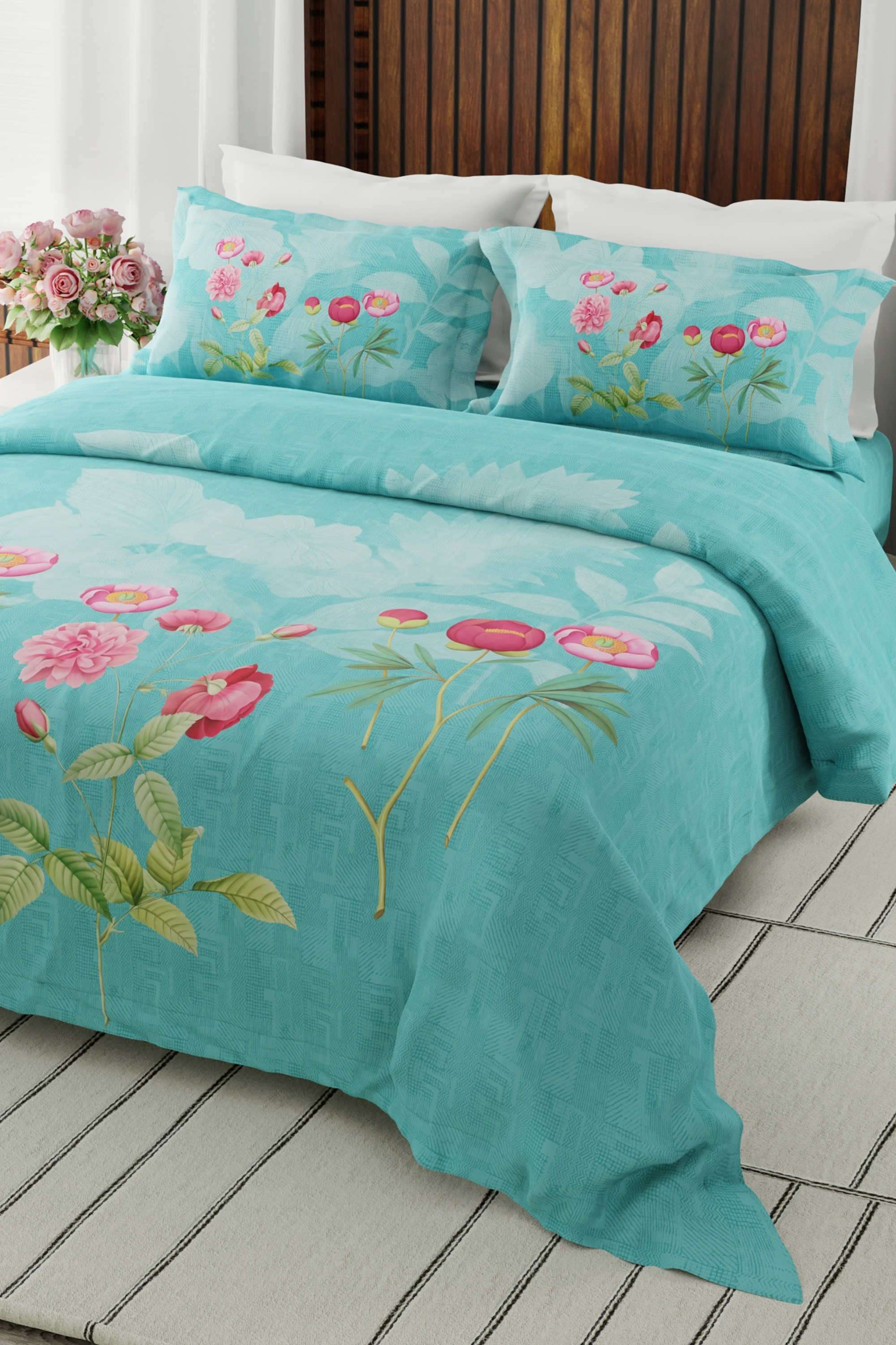 Gardenia-Augusta-100--Cotton-300-TC-Blue-Floral-Super-King-Bedsheet-with-2-Pillow-Covers