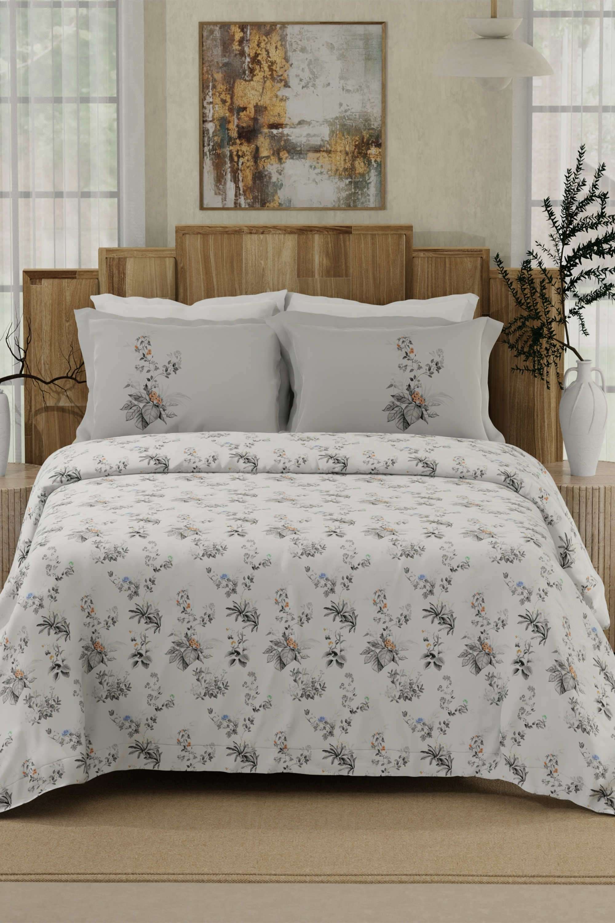 Gardenia-Augusta-100--Cotton-300-TC-White-&-Grey-Digital-Floral-Print-King-Bedsheet-with-2-Pillow-Covers