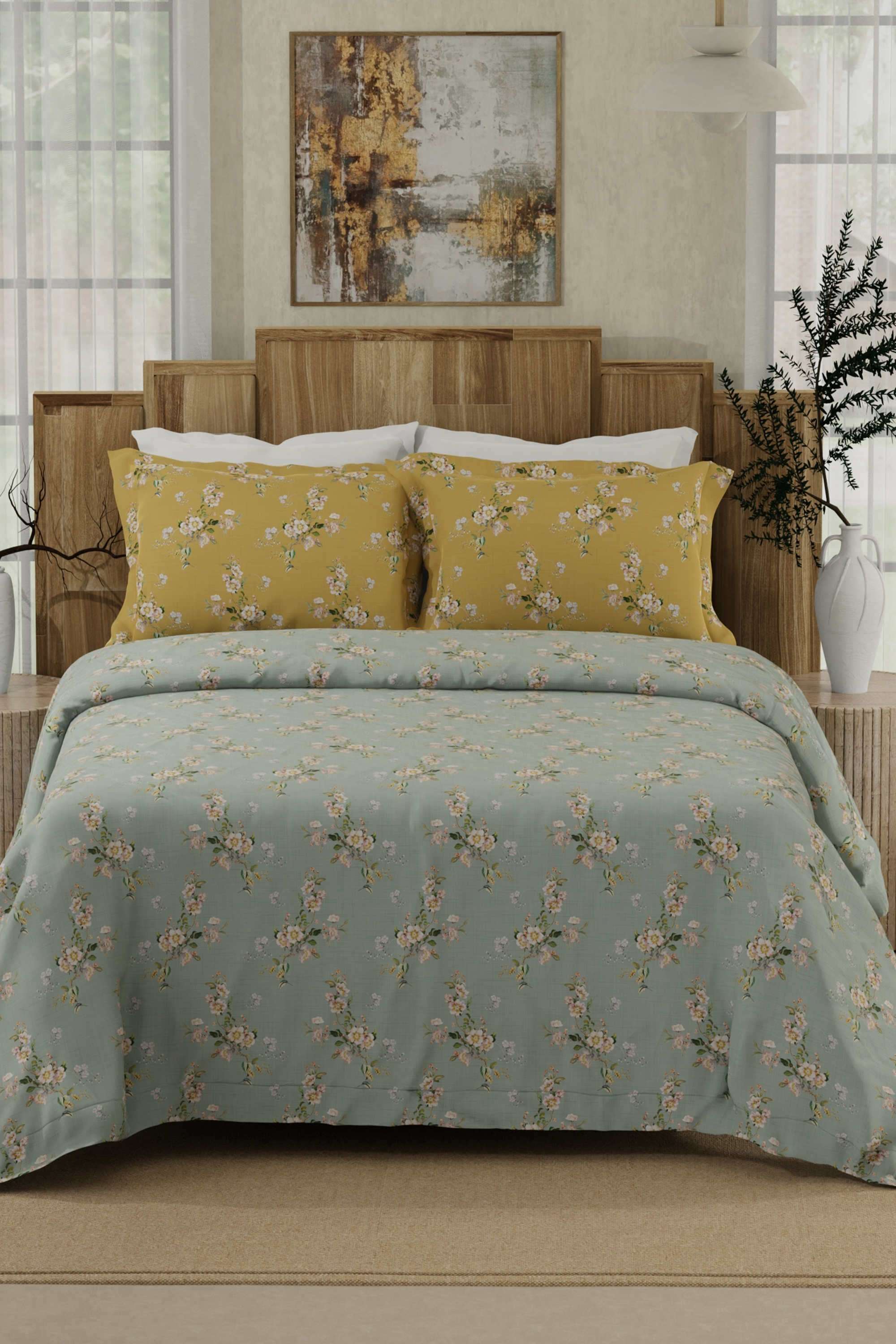 Gardenia-Augusta-100--Cotton-300-TC-Yellow-&-Grey-Digital-Floral-Print-King-Bedsheet-with-2-Pillow-Covers
