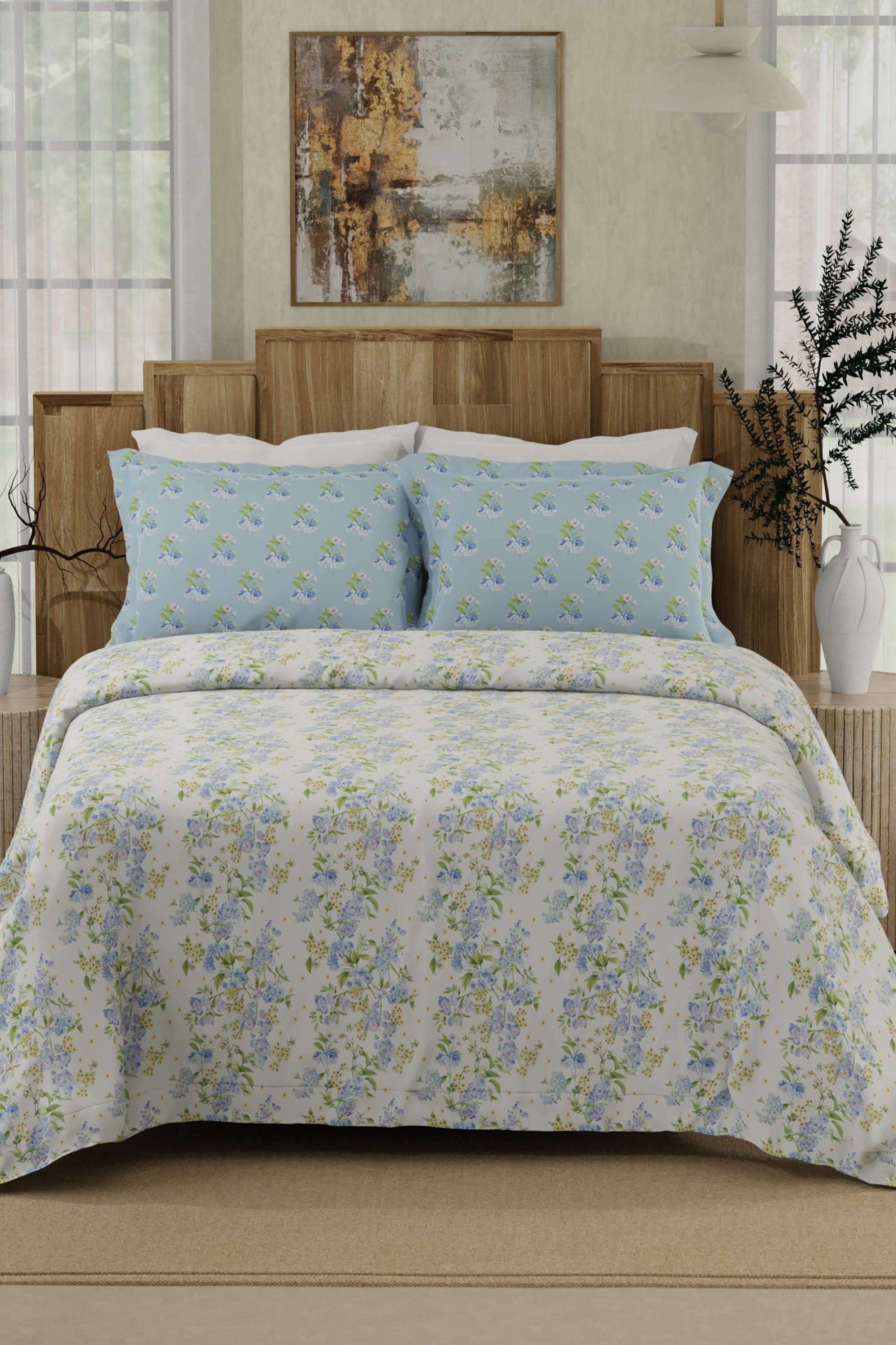 Gardenia-Augusta-100--Cotton-300-TC-Blue-&-White-Digital-Floral-Print-King-Bedsheet-with-2-Pillow-Covers