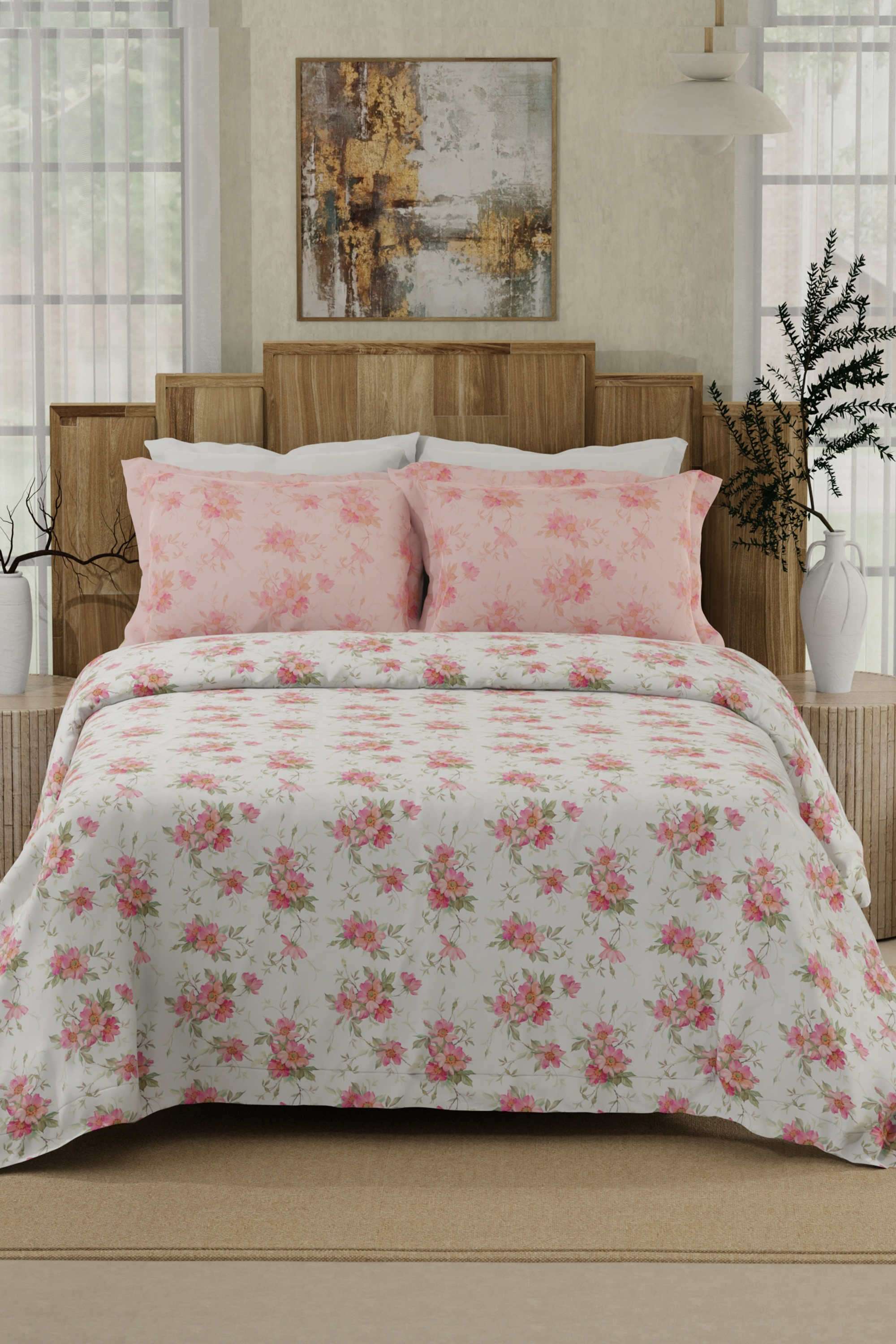 Gardenia-Augusta-100--Cotton-300-TC-White-&-Pink-Digital-Floral-Print-King-Bedsheet-with-2-Pillow-Covers