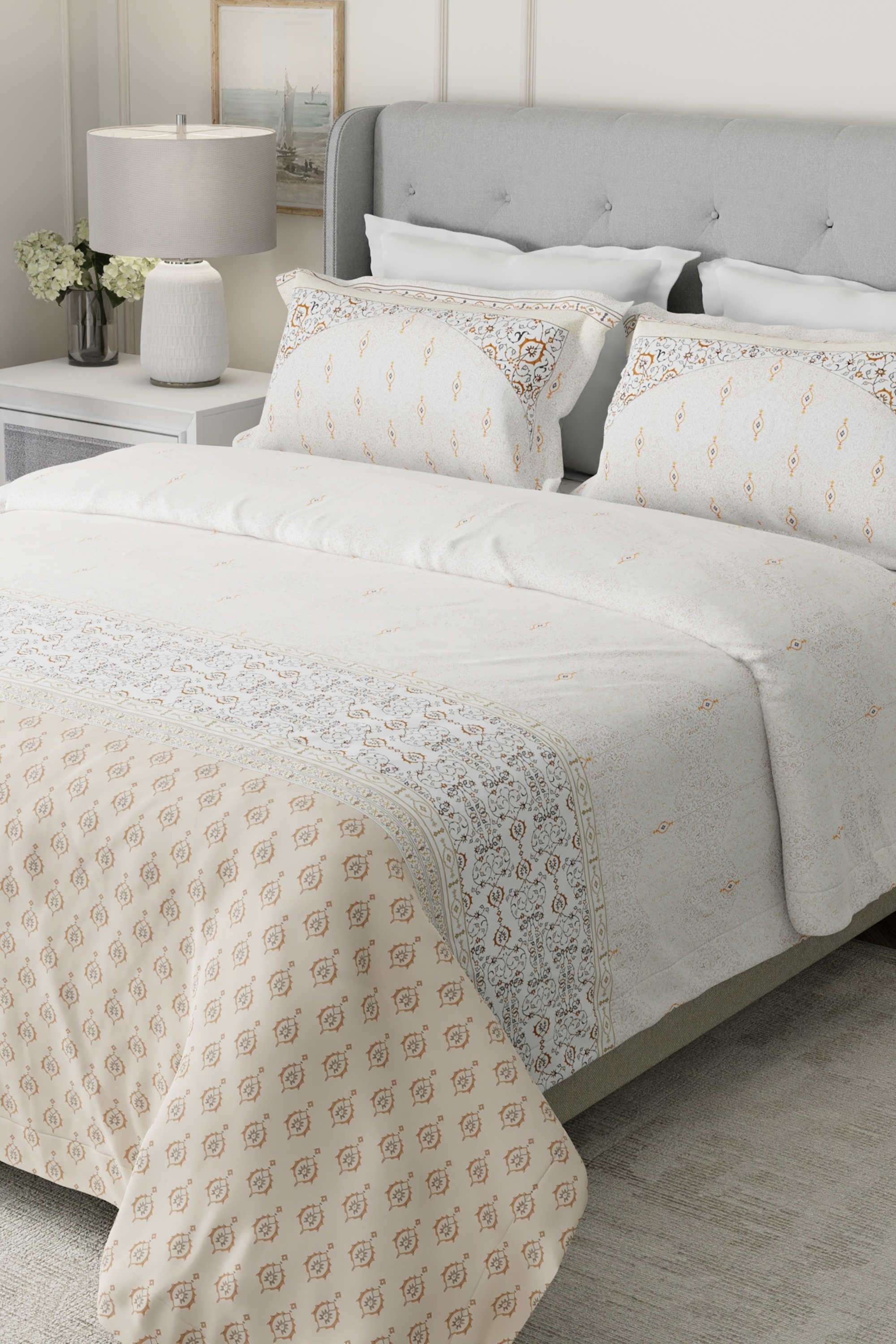 Gardenia-Augusta-100--Cotton-300-TC-White-&-Beige-Digital-Ethnic-Print-King-Bedsheet-with-2-Pillow-Covers