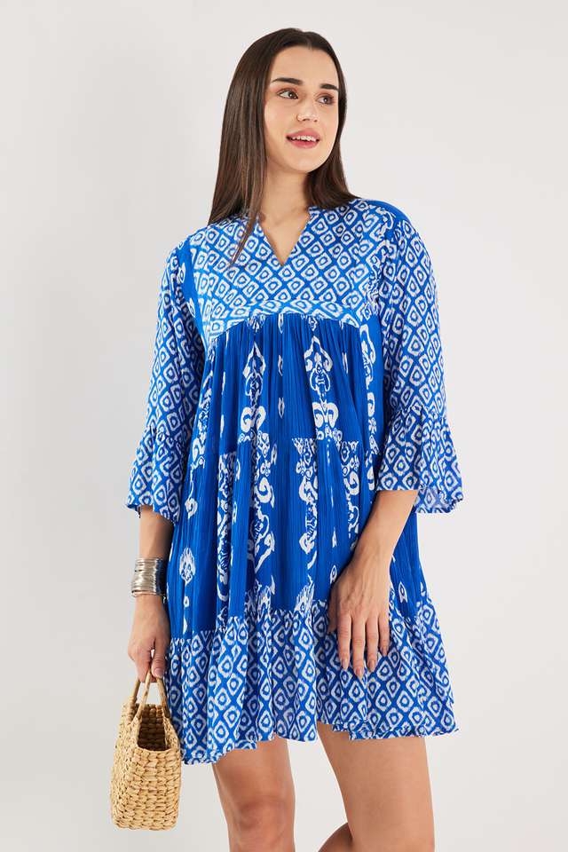 Printed-Blended-Fabric-Collared-Women-s-Mini-Dress