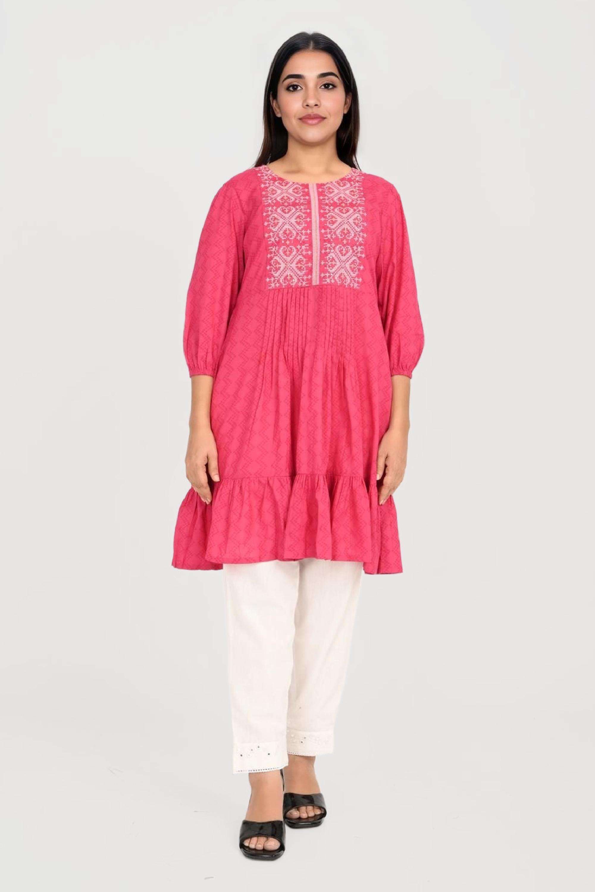 Embroidered-Collared-Blended-Fabric-Women-s-Above-Knee-Ethnic-Dress