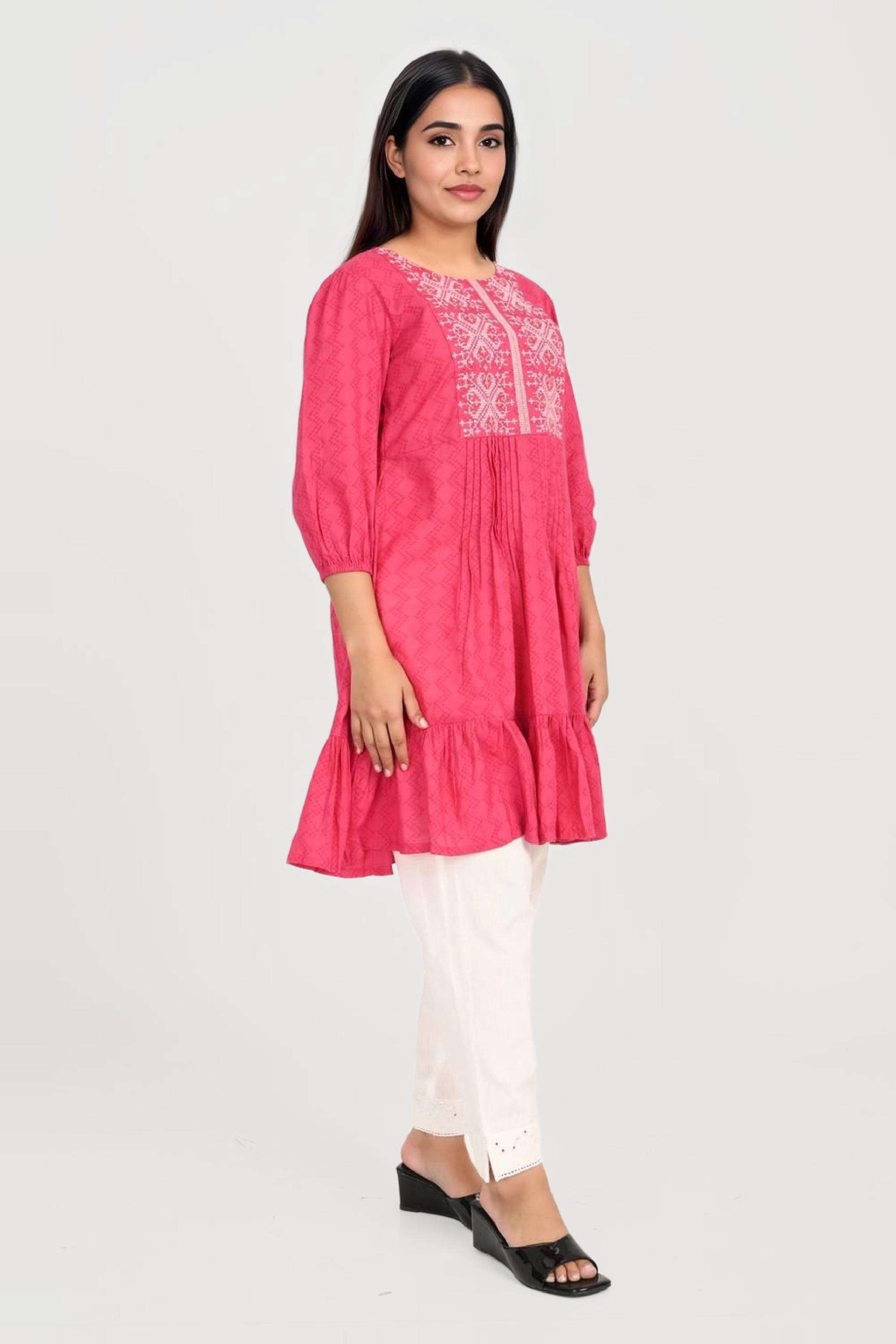 Embroidered-Collared-Blended-Fabric-Women-s-Above-Knee-Ethnic-Dress