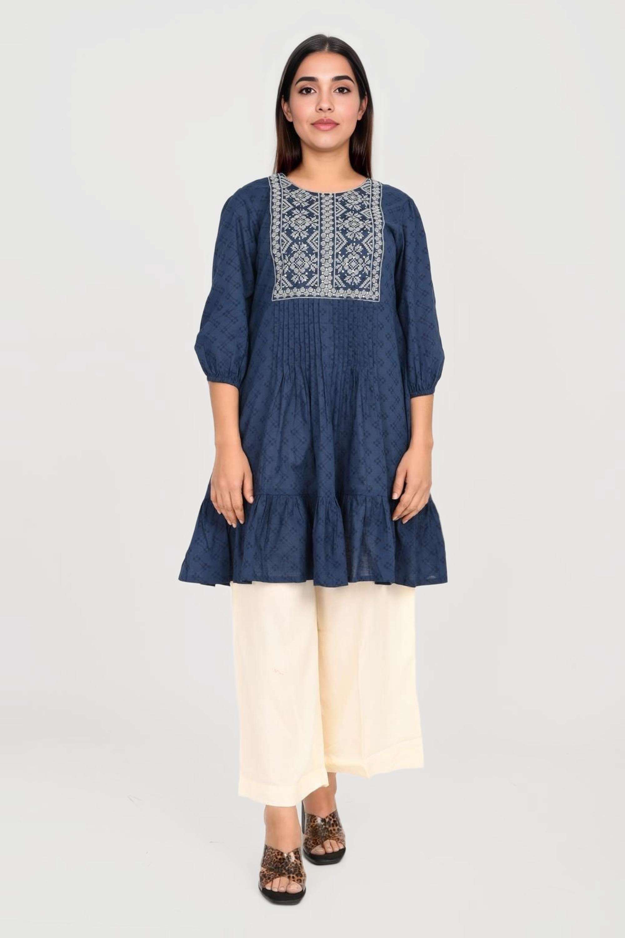 Embroidered-Collared-Blended-Fabric-Women-s-Above-Knee-Ethnic-Dress