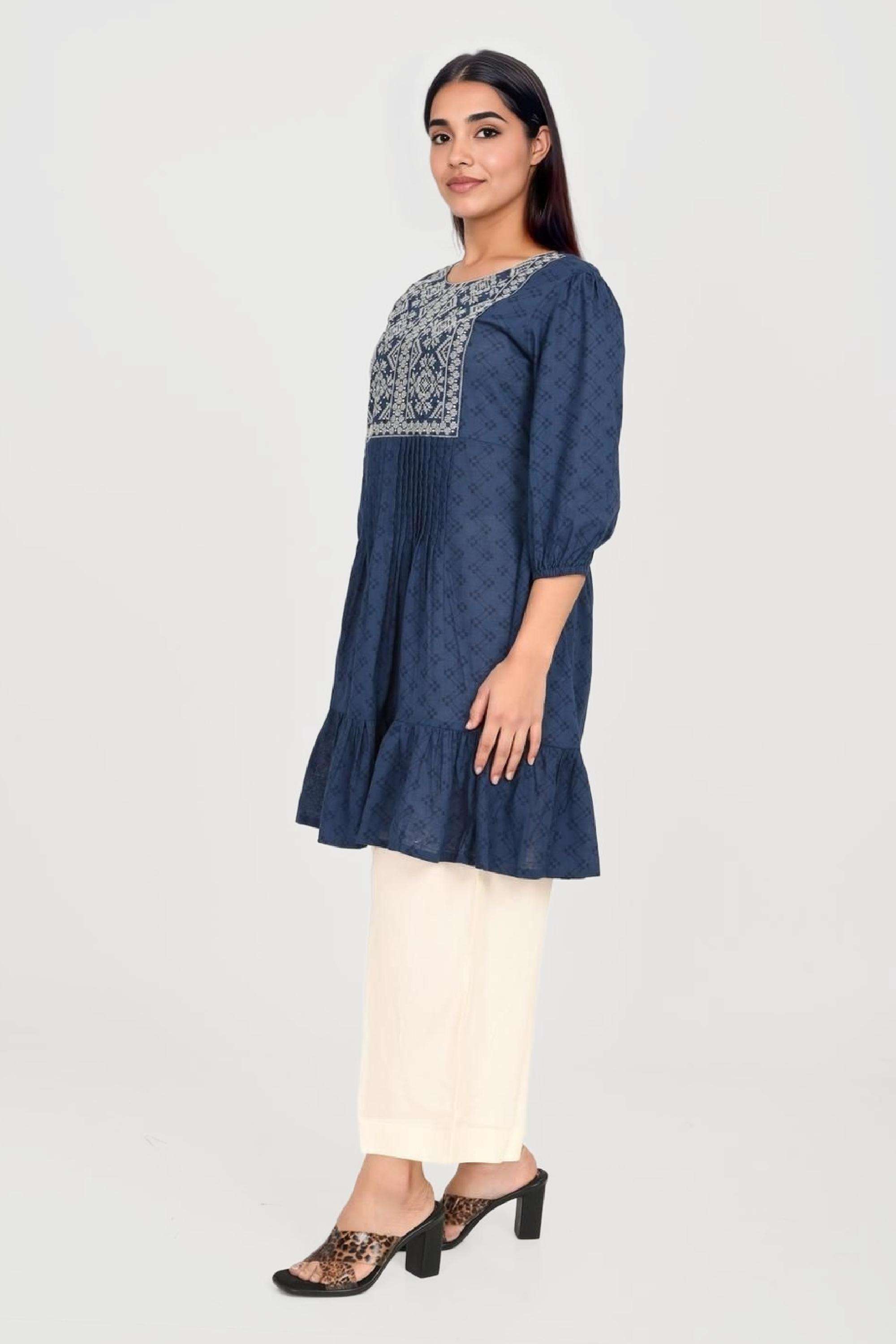 Embroidered-Collared-Blended-Fabric-Women-s-Above-Knee-Ethnic-Dress