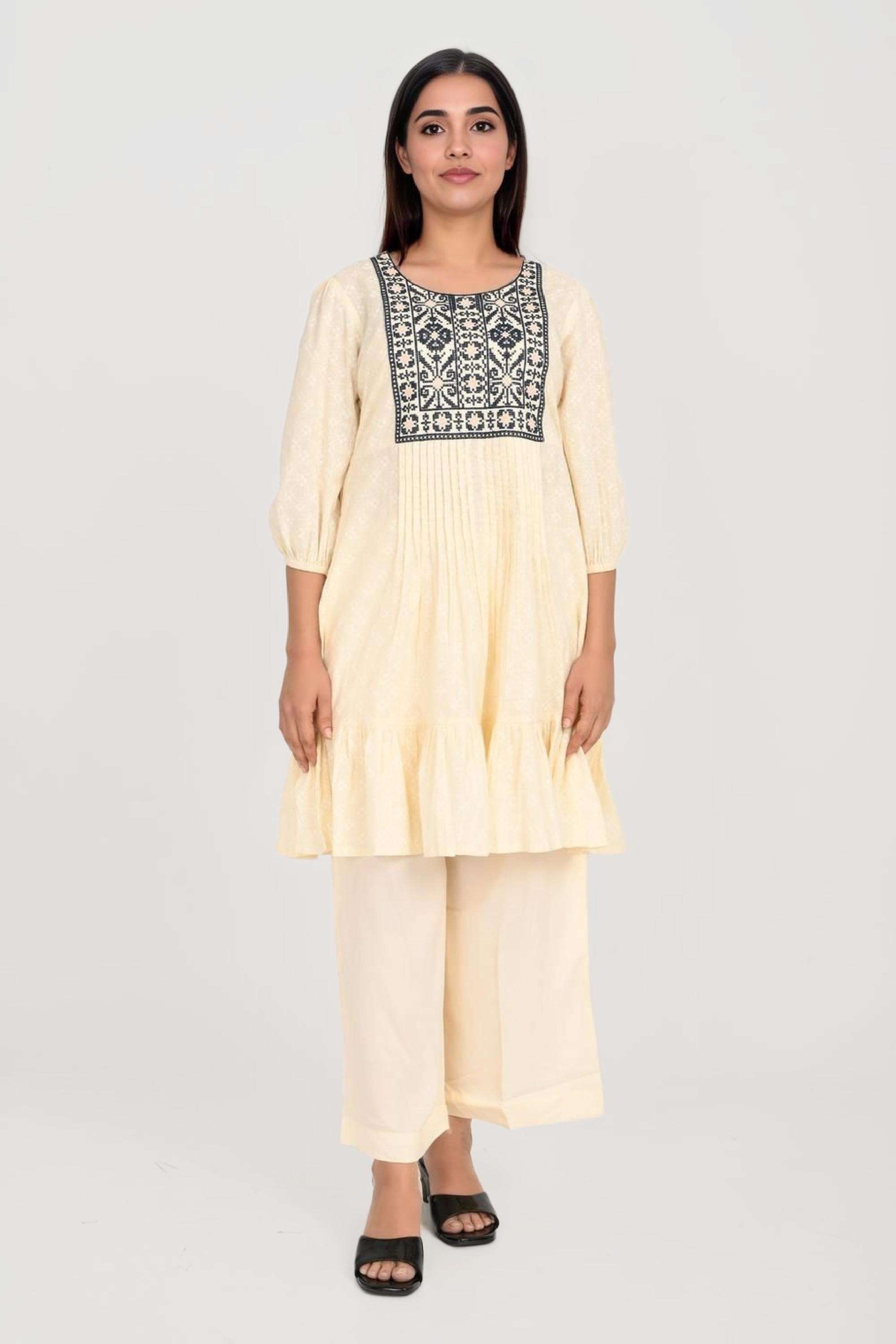Embroidered-Collared-Blended-Fabric-Women-s-Above-Knee-Ethnic-Dress