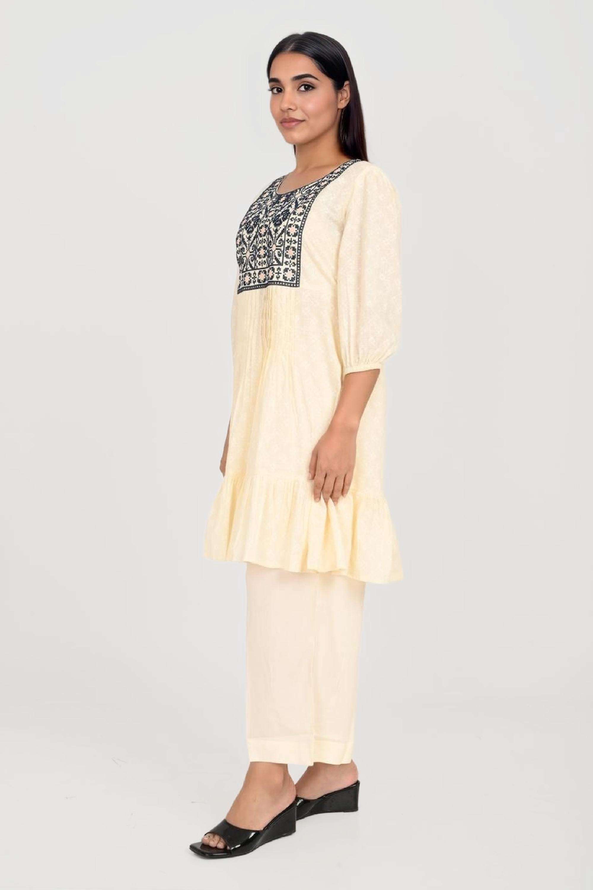 Embroidered-Collared-Blended-Fabric-Women-s-Above-Knee-Ethnic-Dress